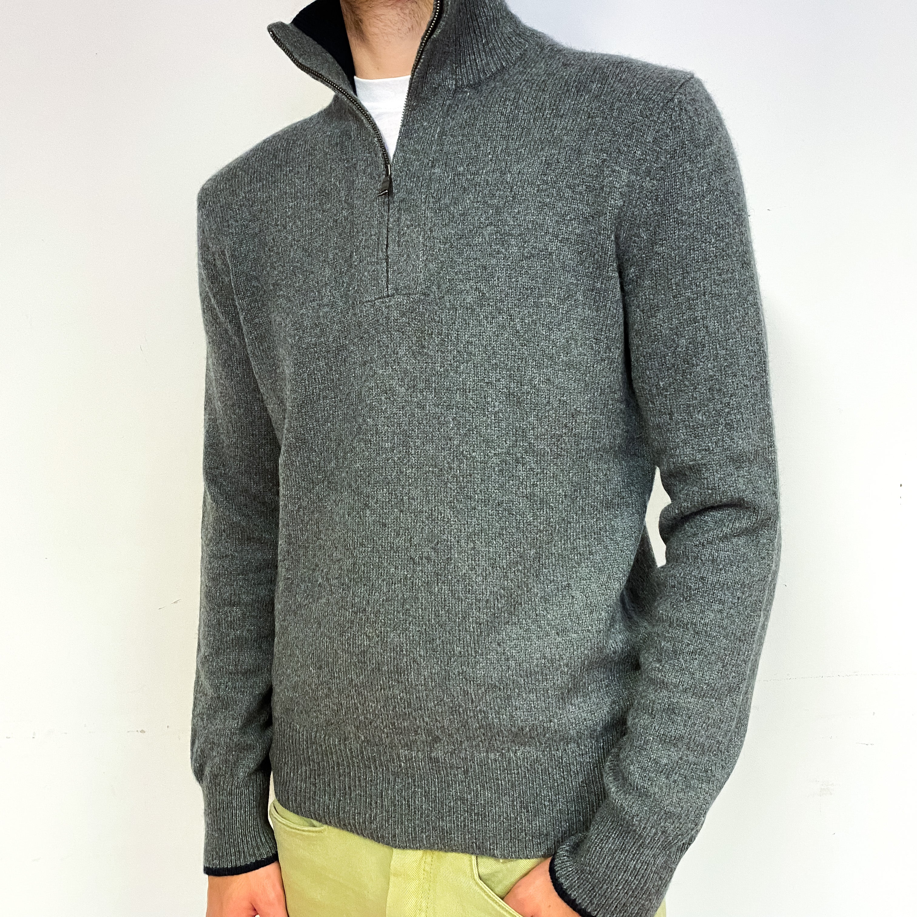 Men's Slate Grey Chunky Cashmere 1/4 Zip Jumper Medium