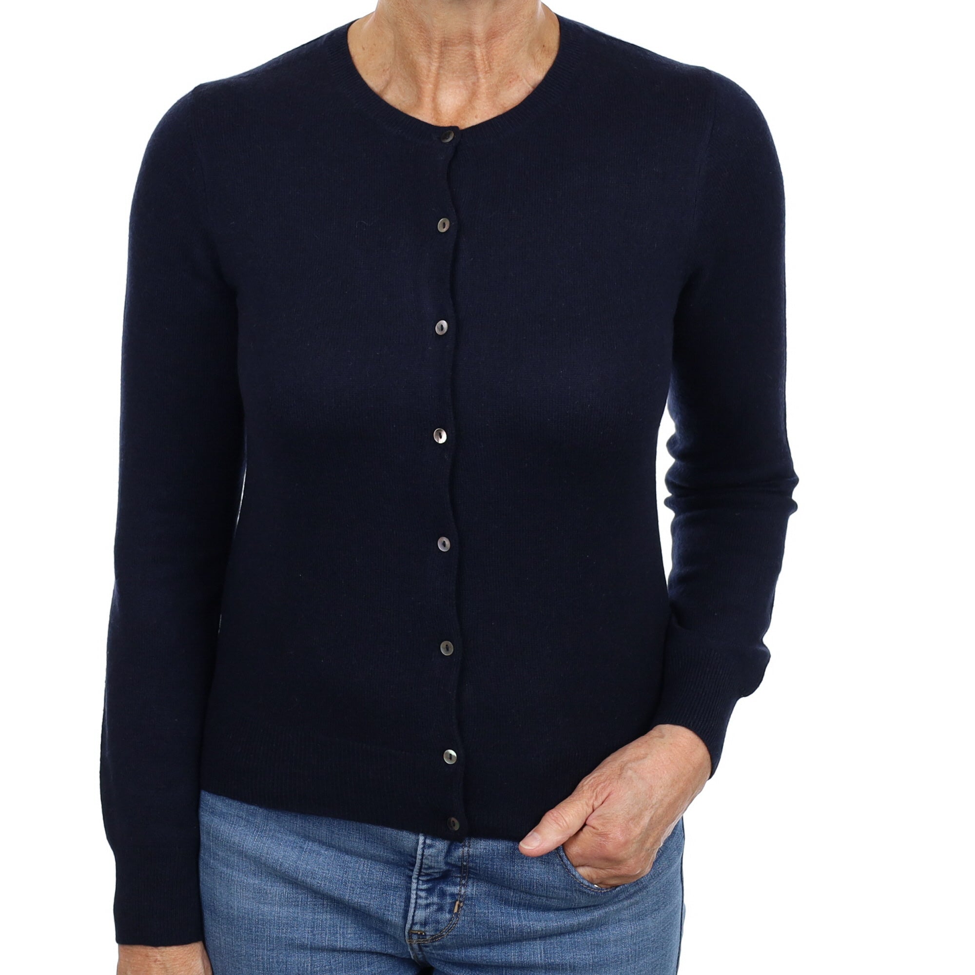 Navy Blue Cashmere Crew Neck Cardigan Medium