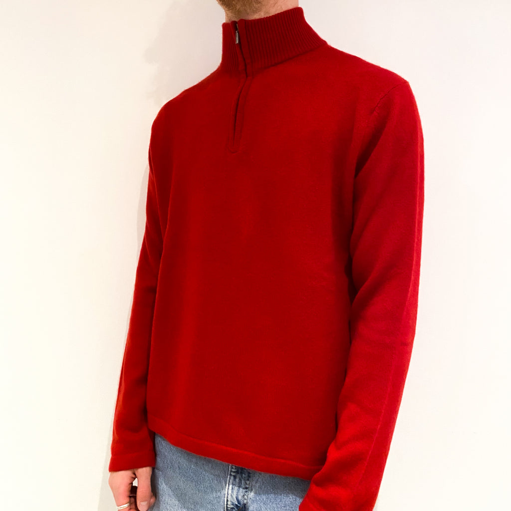 Men's Red Heavy Knit 1/4 Zip Cashmere Jumper Large