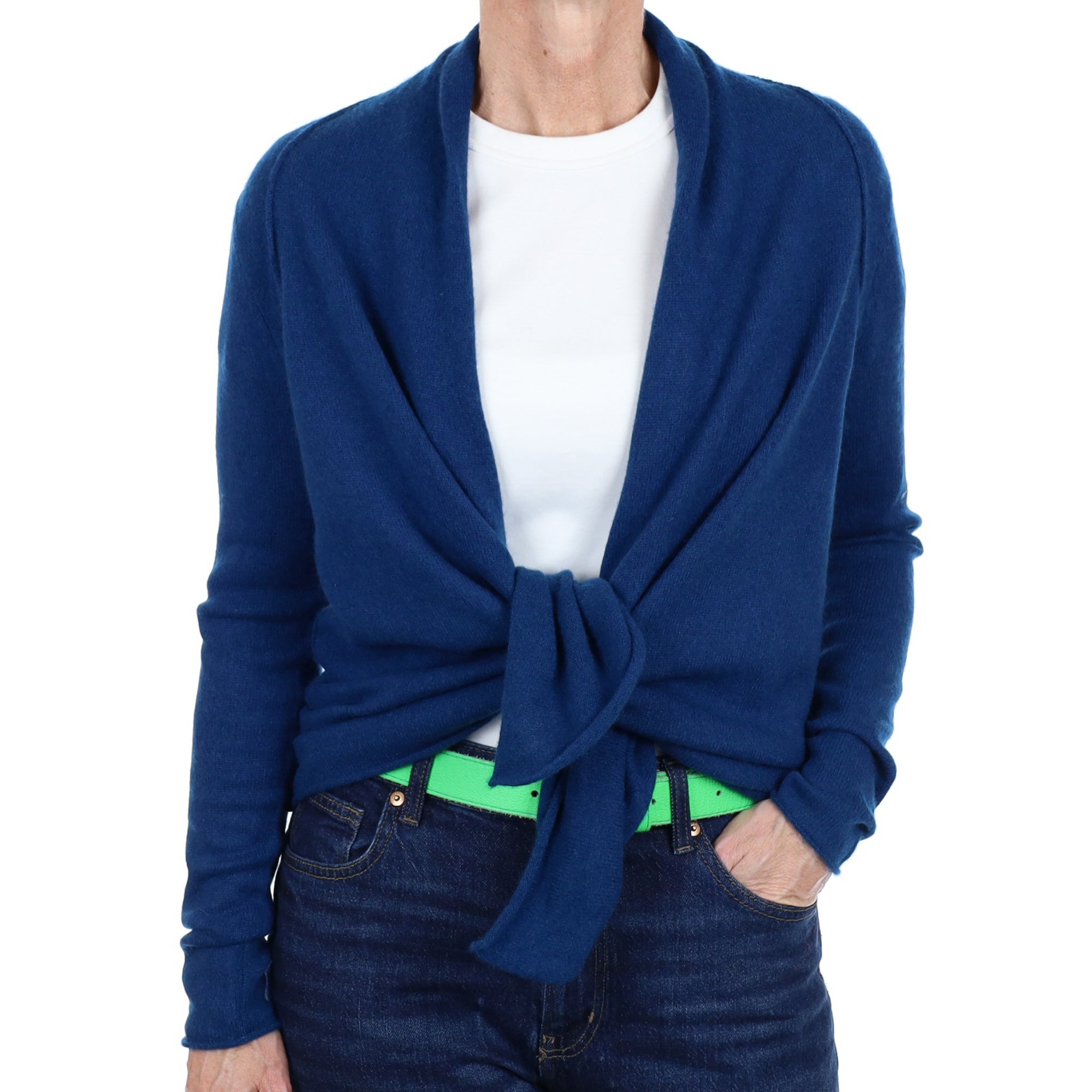 Deep Ocean Blue Cashmere Tie Front Cardigan Small