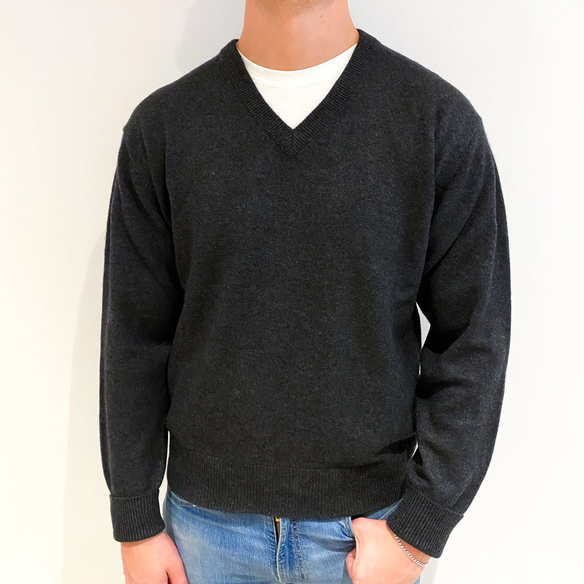 Men's Charcoal Grey Cashmere V Neck Jumper XXL