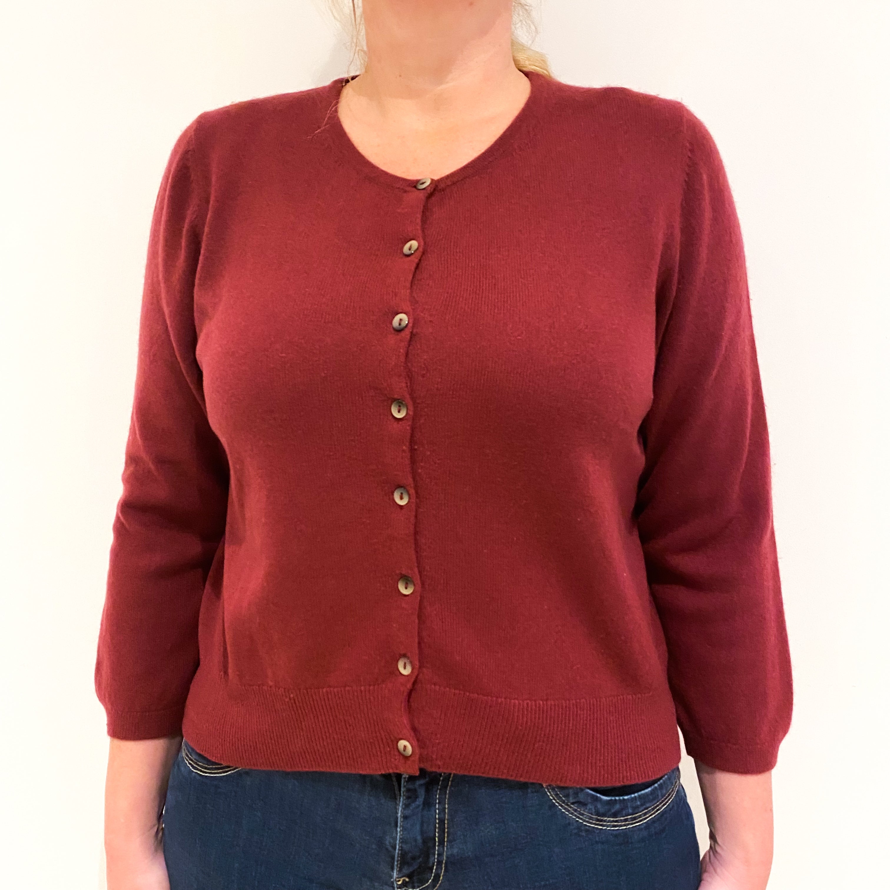 Wine Red 3/4 Sleeved Cashmere Crew Neck Cardigan Large