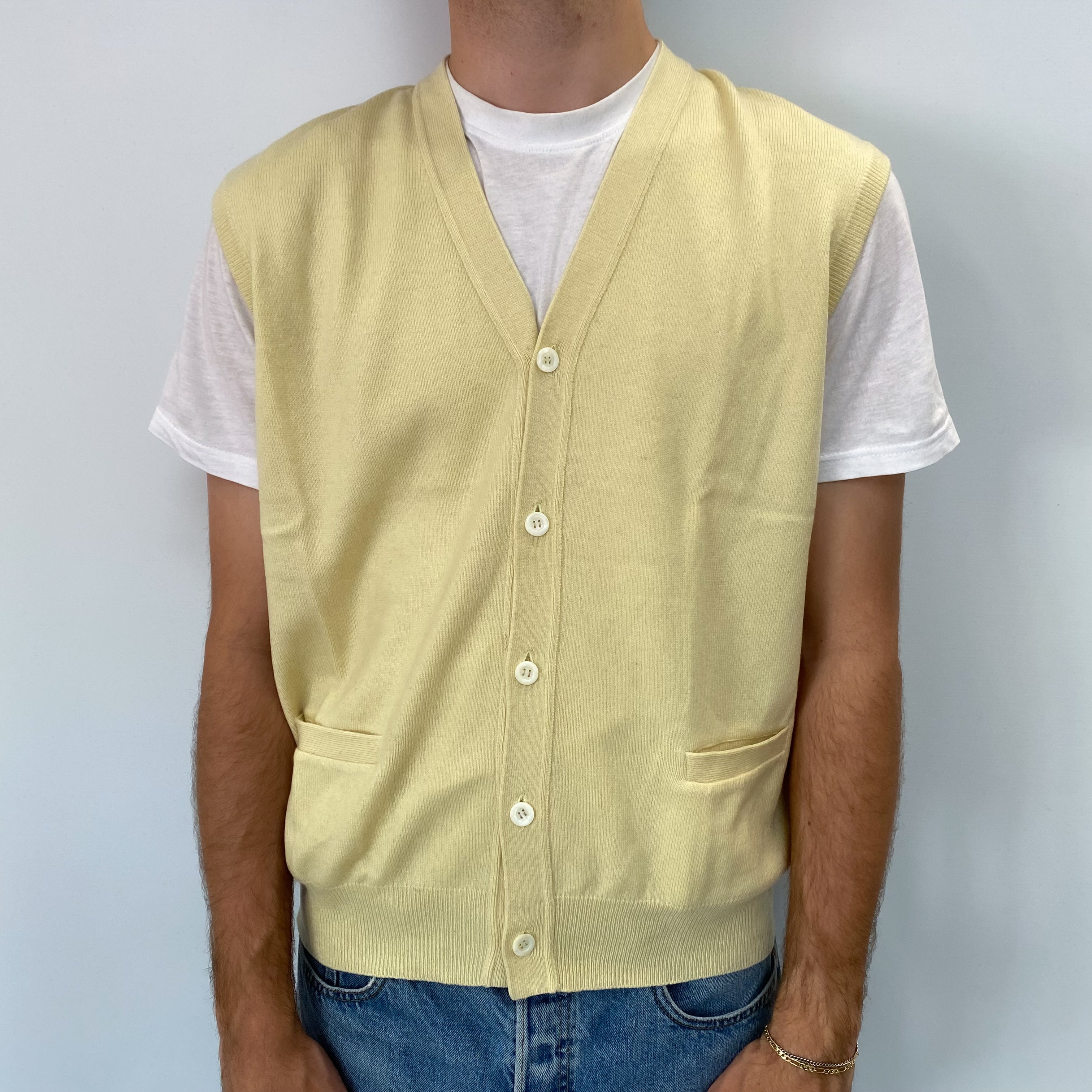 Men's Primrose Yellow Cashmere Sleeveless V Neck Cardigan Large