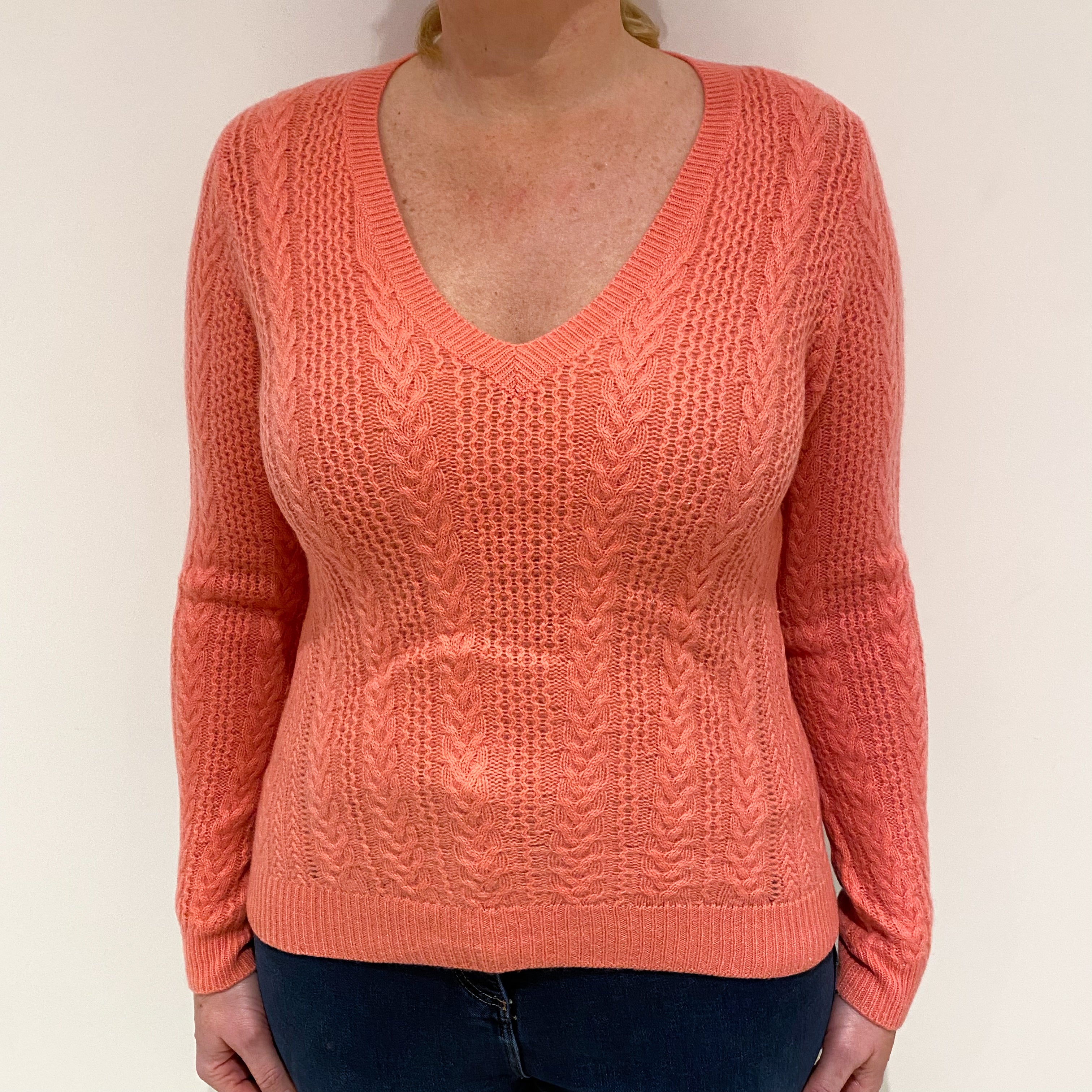 Coral Pink Lace Knit Cashmere V-Neck Jumper Large