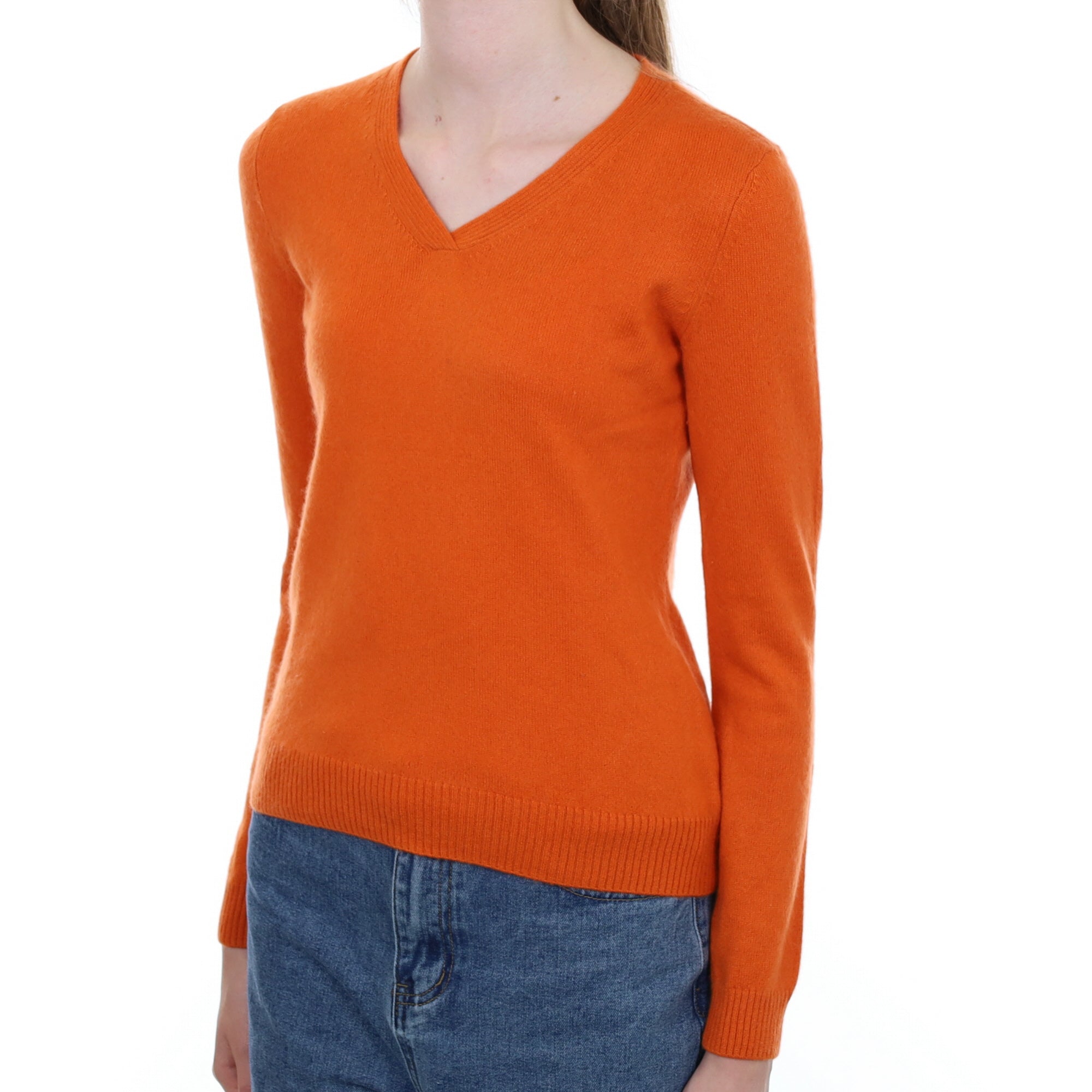 Tangerine Orange Cashmere V Neck Jumper Extra Small
