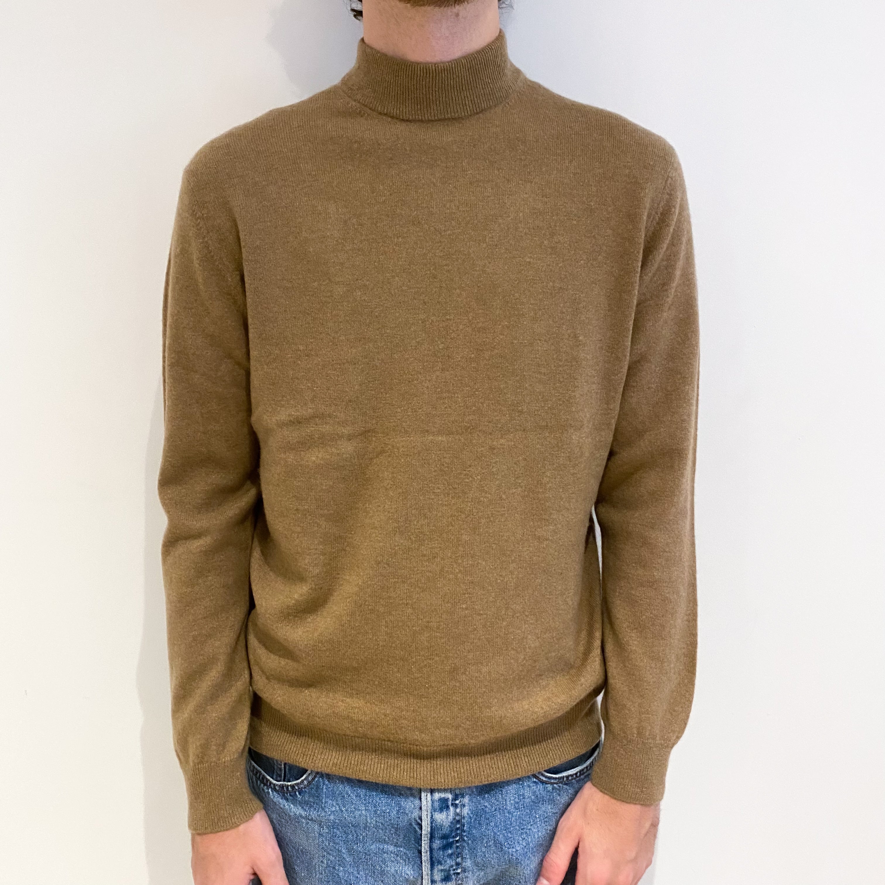 Men's Camel Brown Cashmere Turtle Neck Jumper Large