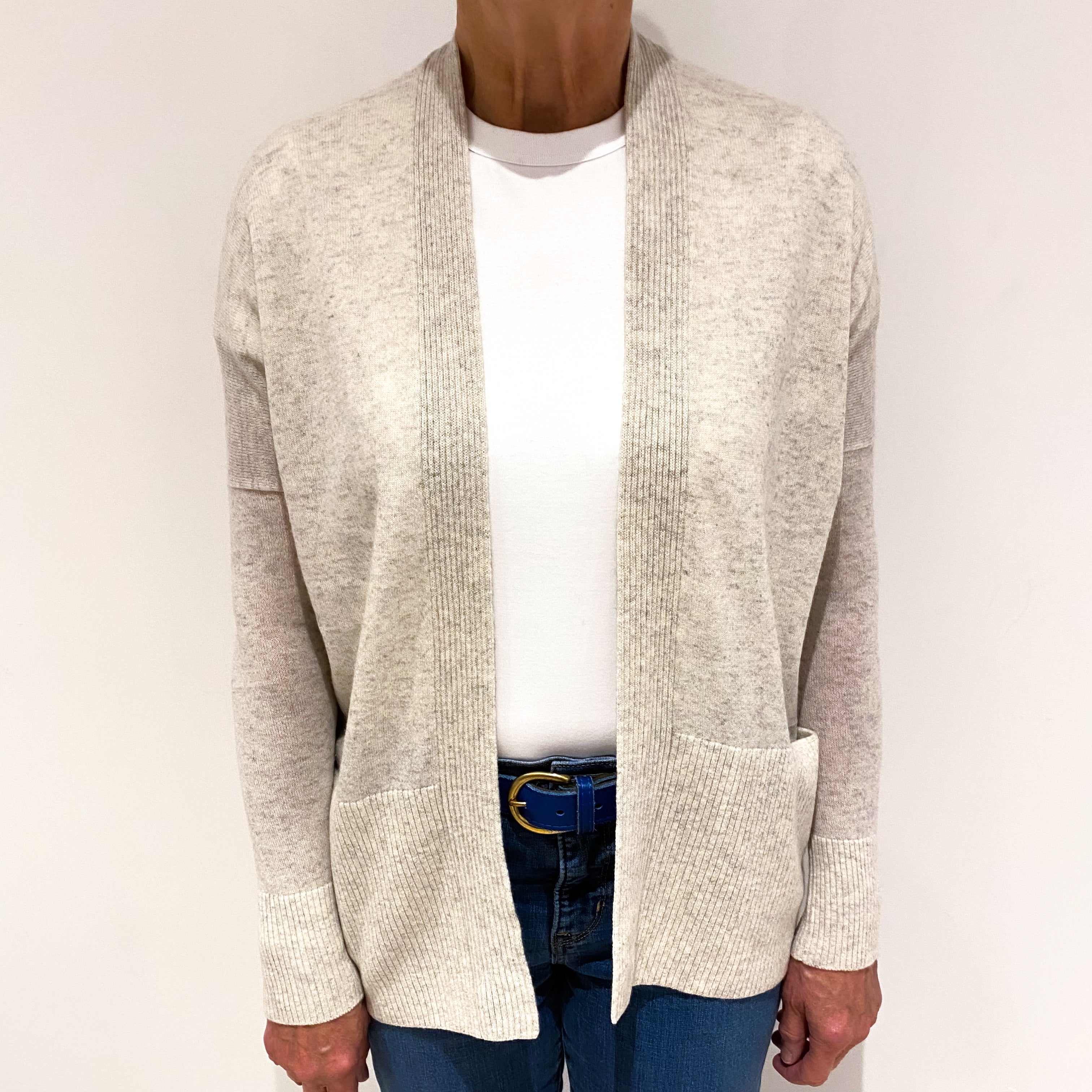 Mist Grey Cashmere Edge to Edge Cardigan with Pockets Medium