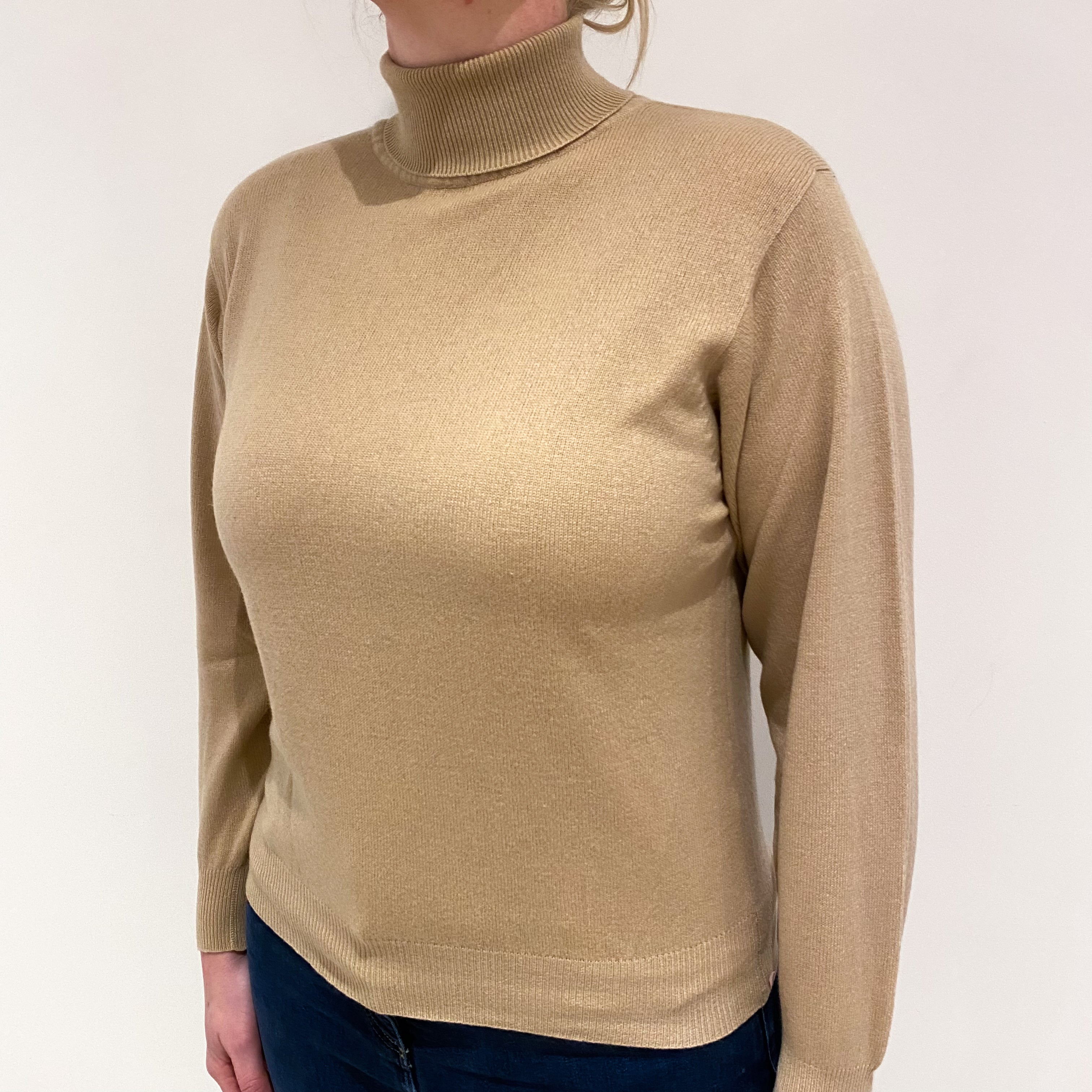 Sand Beige Cashmere Polo Neck Jumper Large