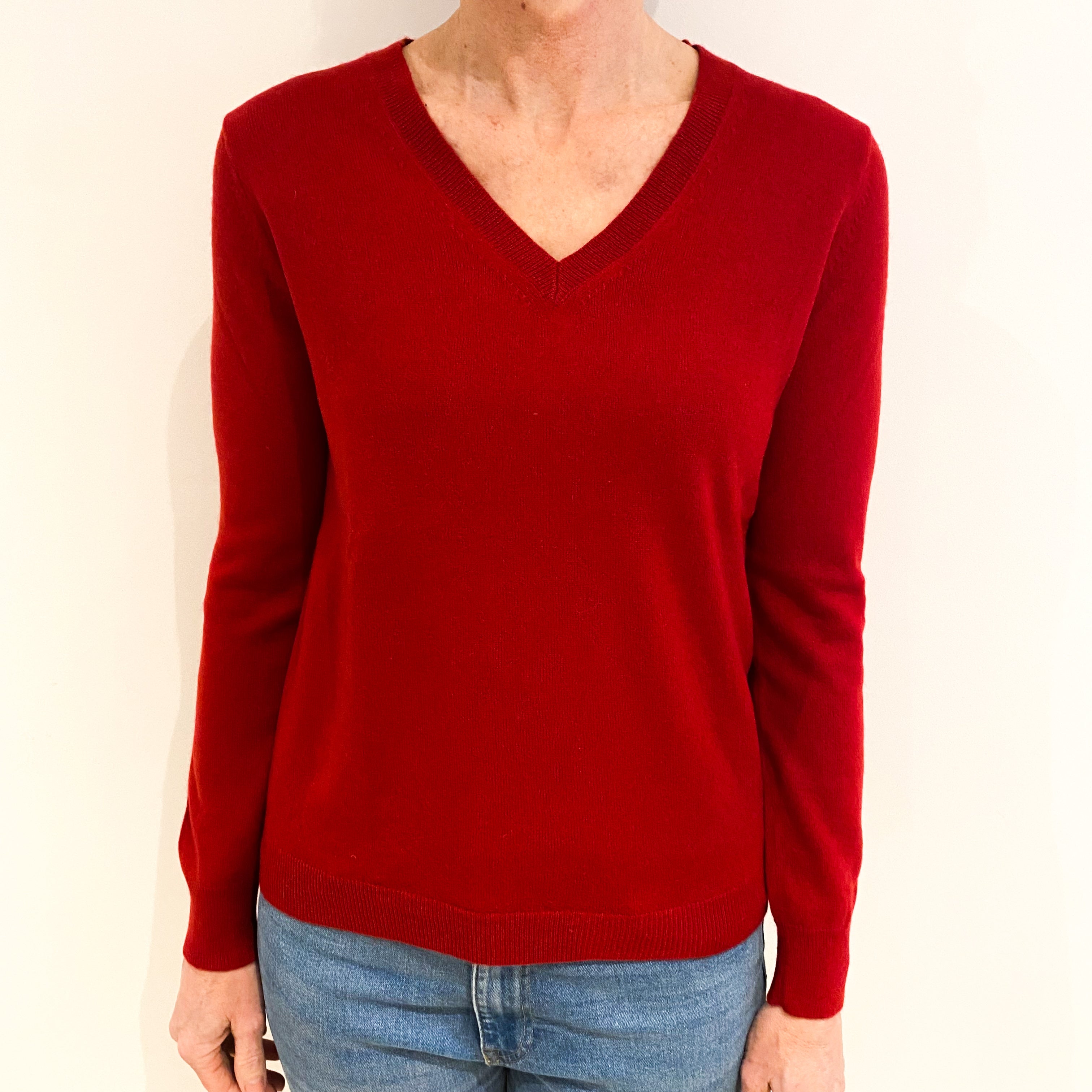 Scarlet Red Cashmere V Neck Jumper Small