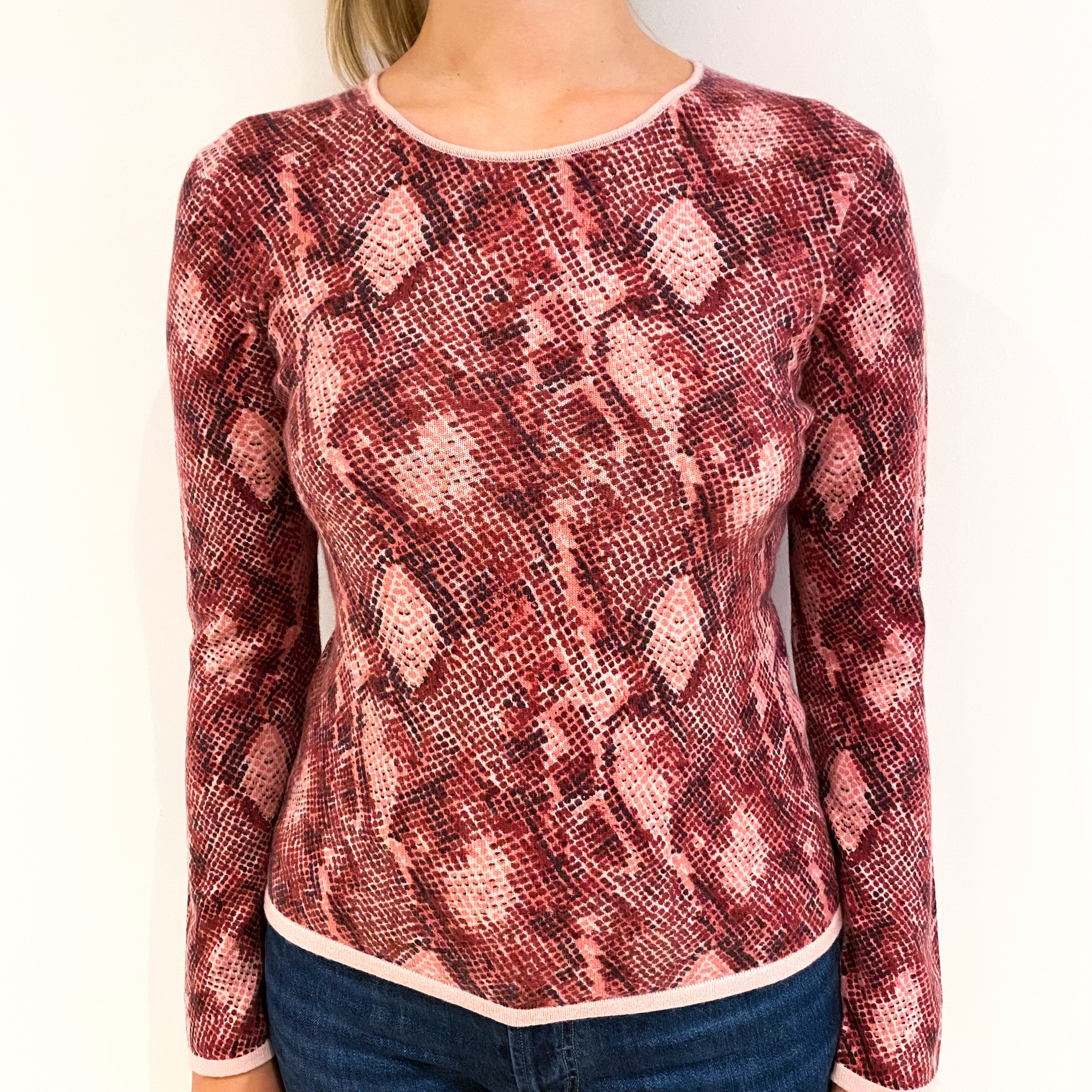 Pink and Red Snake Print Cashmere Crew Neck Jumper Small