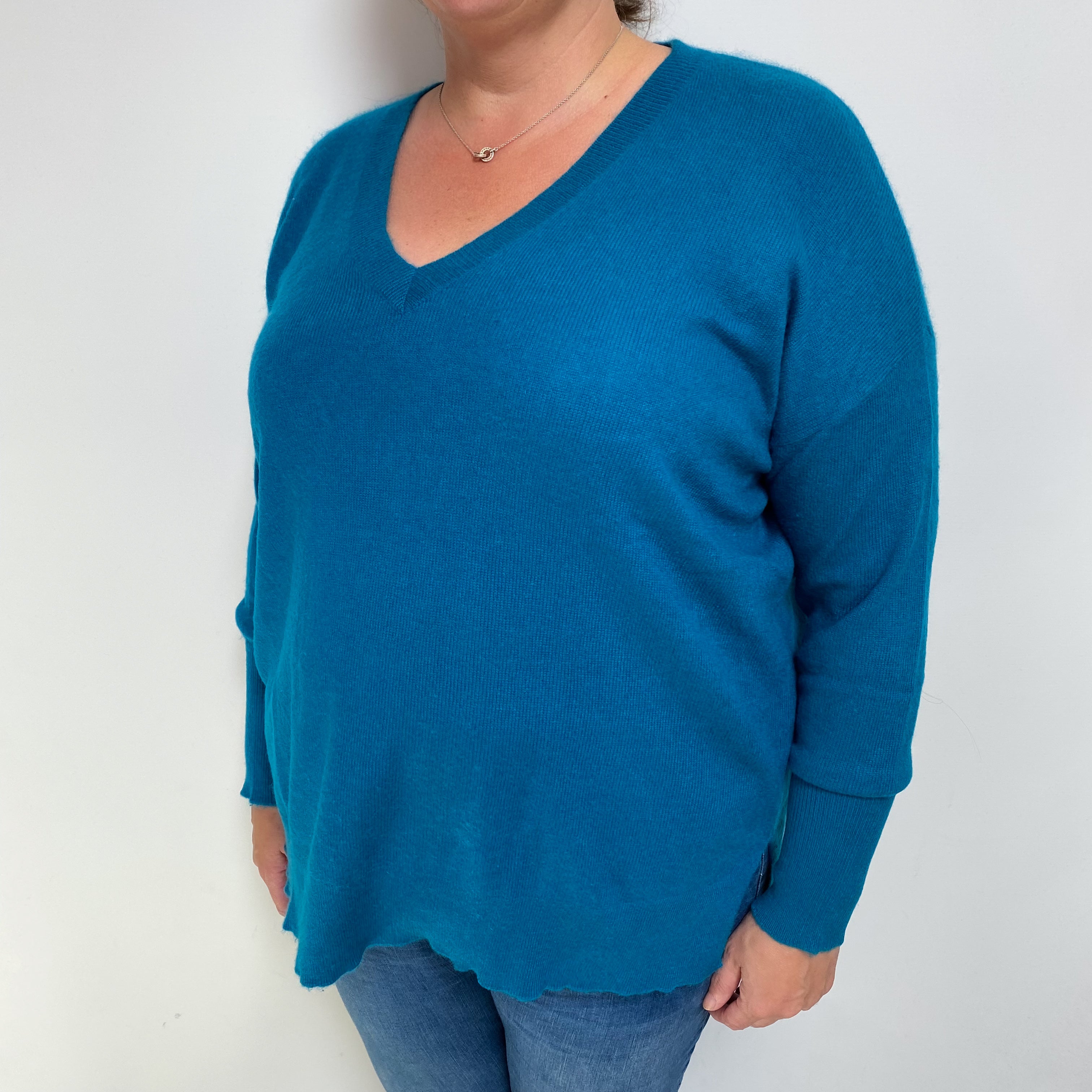 Teal Blue Cashmere V Neck Jumper Extra Large