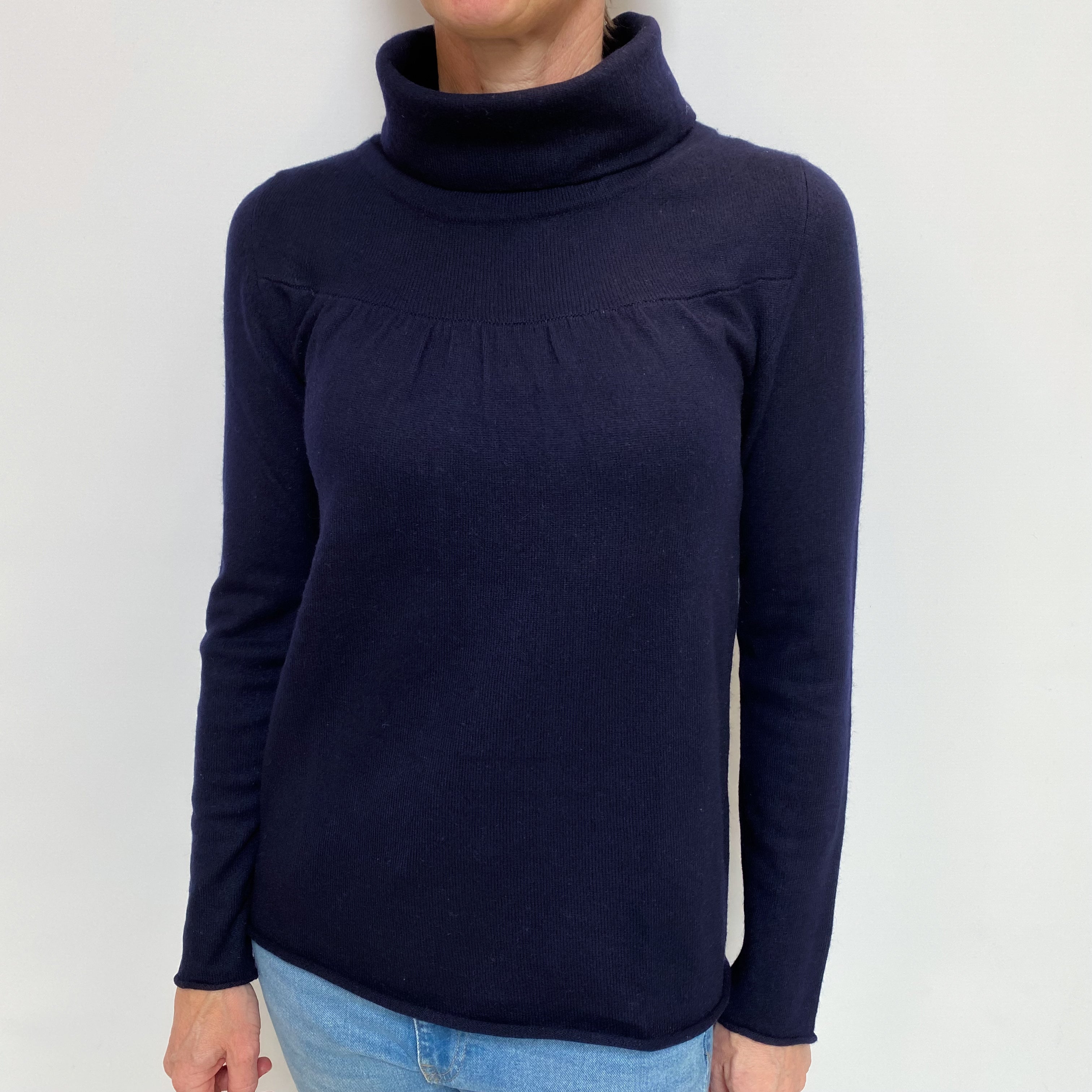 Navy Cashmere Ruched Detail Polo Neck Jumper Small