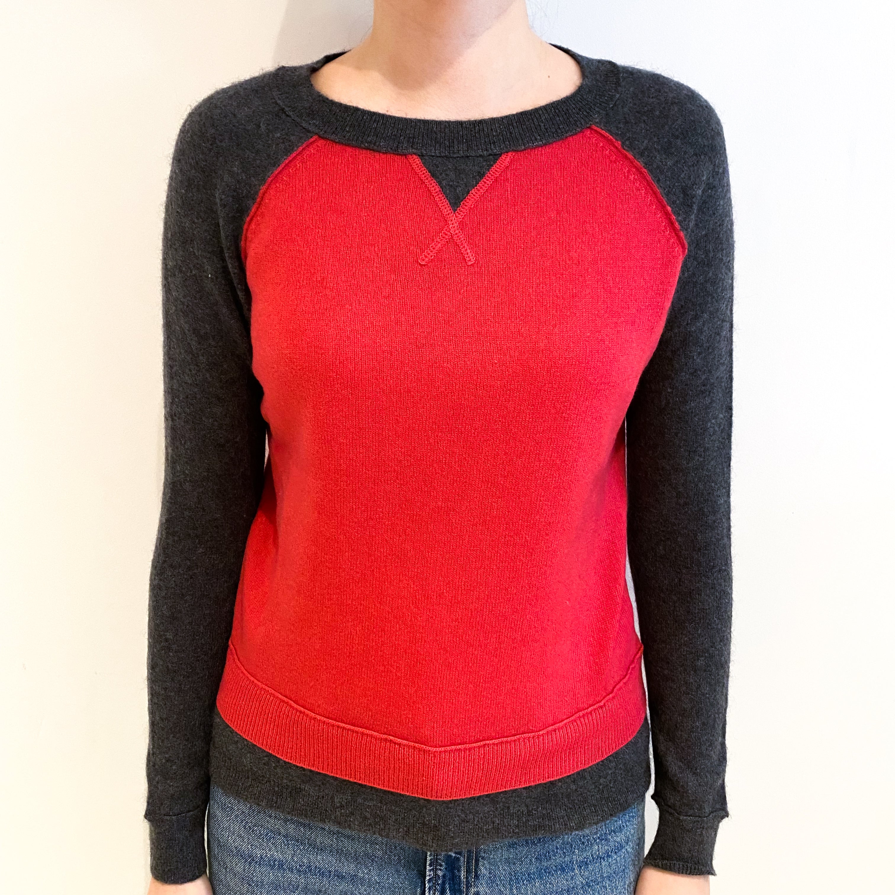 Charcoal and Strawberry Pink Cashmere Crew Neck Jumper Extra Small