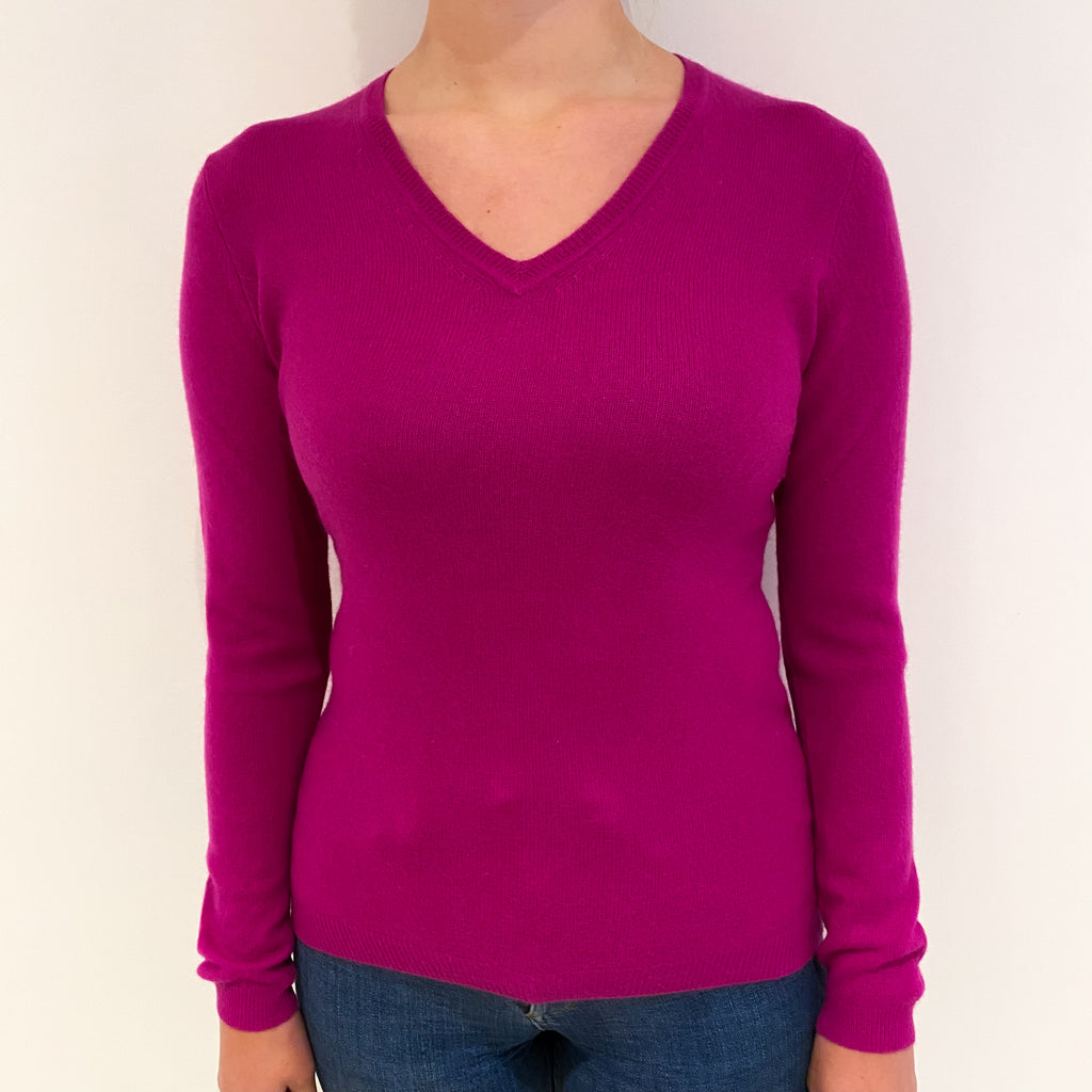 Fuchsia Pink Cashmere V Neck Jumper Small