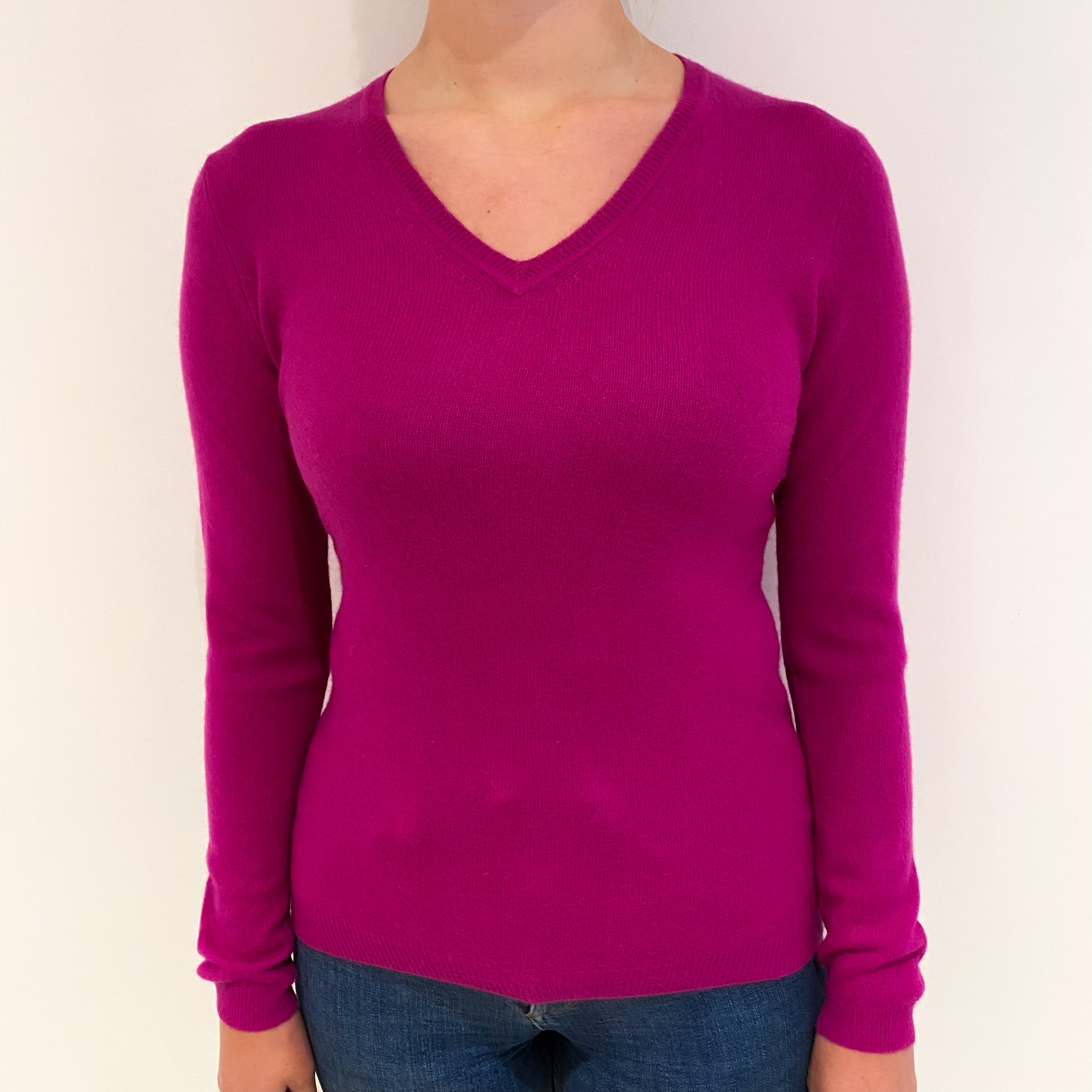 Fuchsia Pink Cashmere V Neck Jumper Small