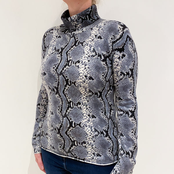 Grey Snake Print Cashmere Polo Neck Jumper Large