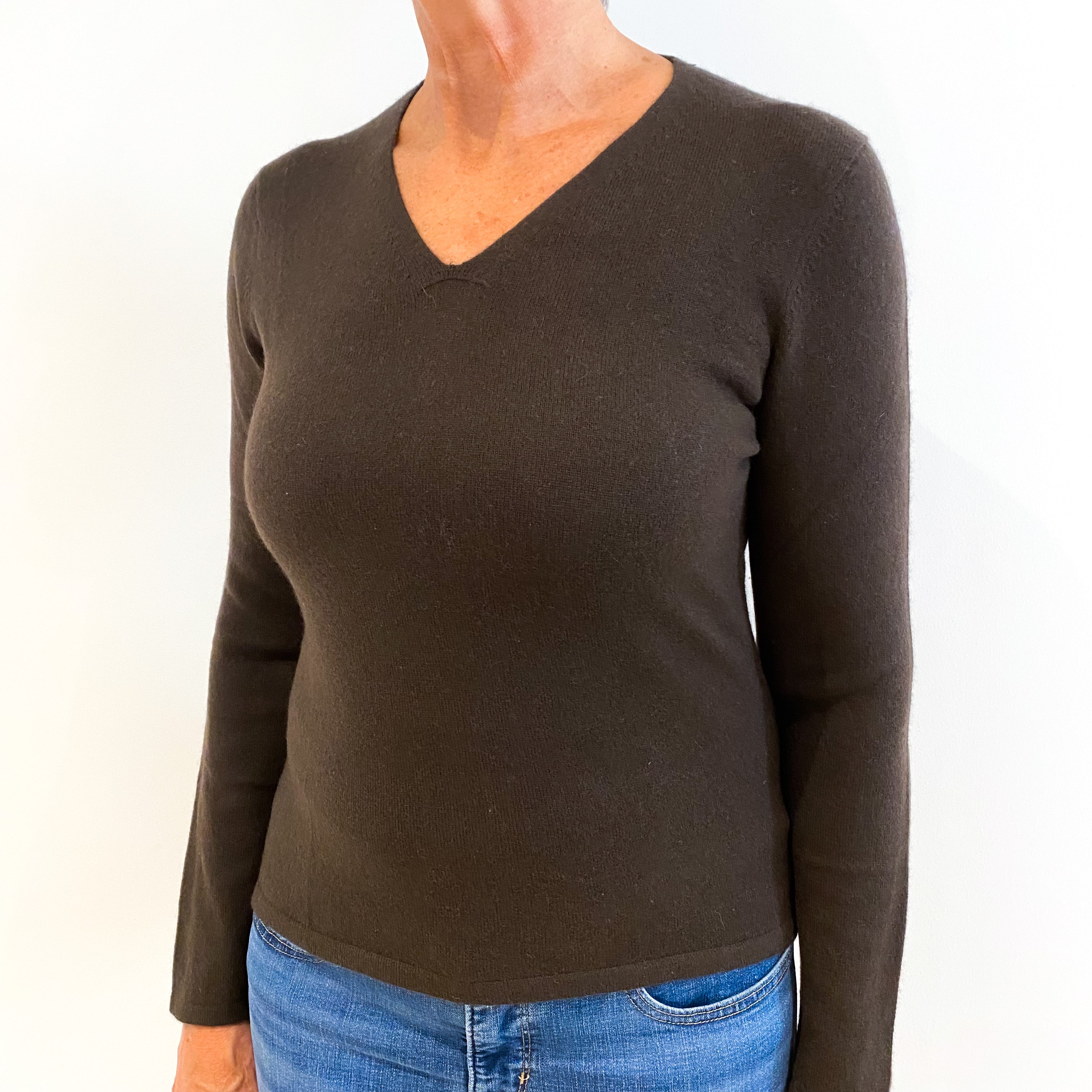 Chocolate Brown Cashmere V-Neck Jumper Medium