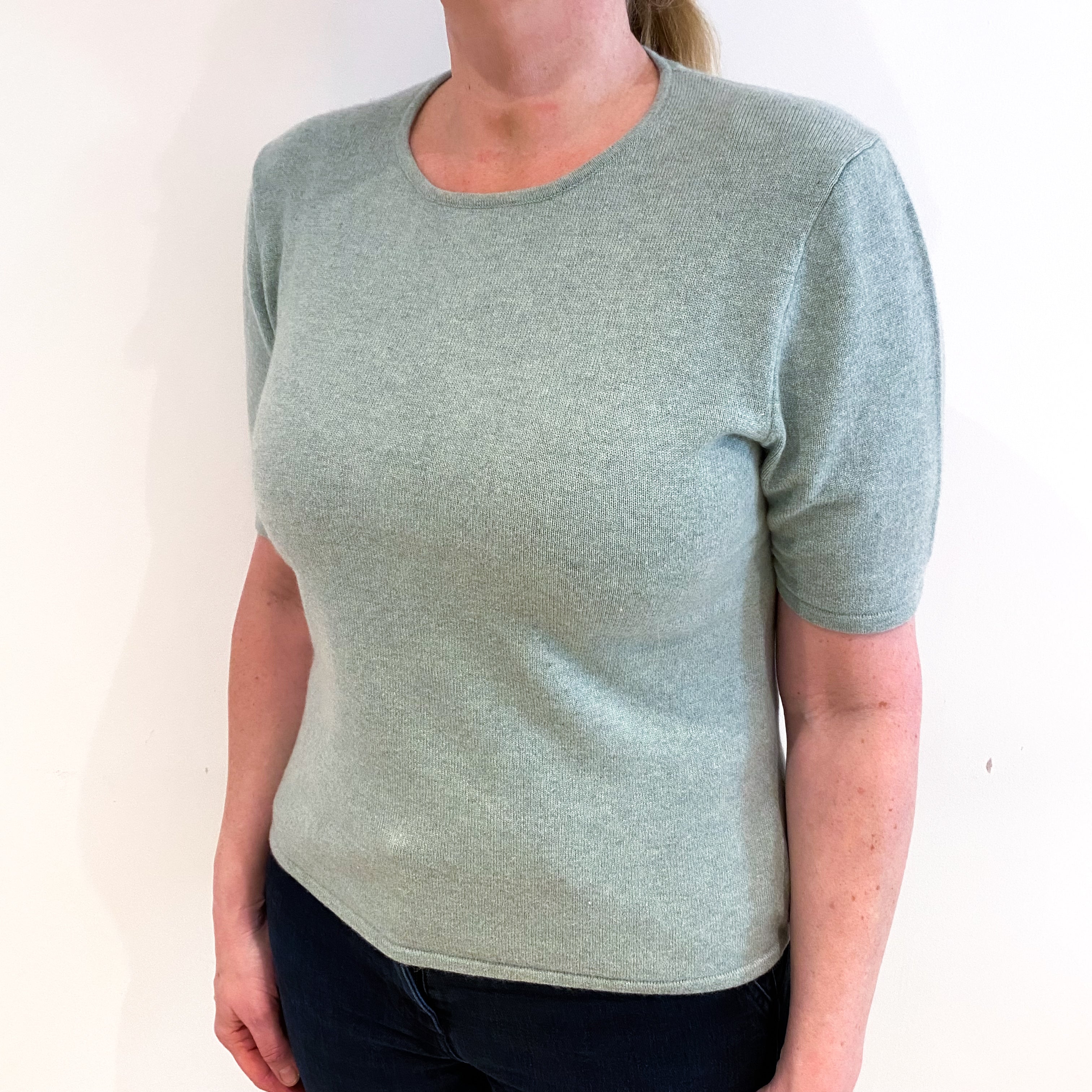 Dusky Mint Green Cashmere Crew Neck Short Sleeved Jumper Large