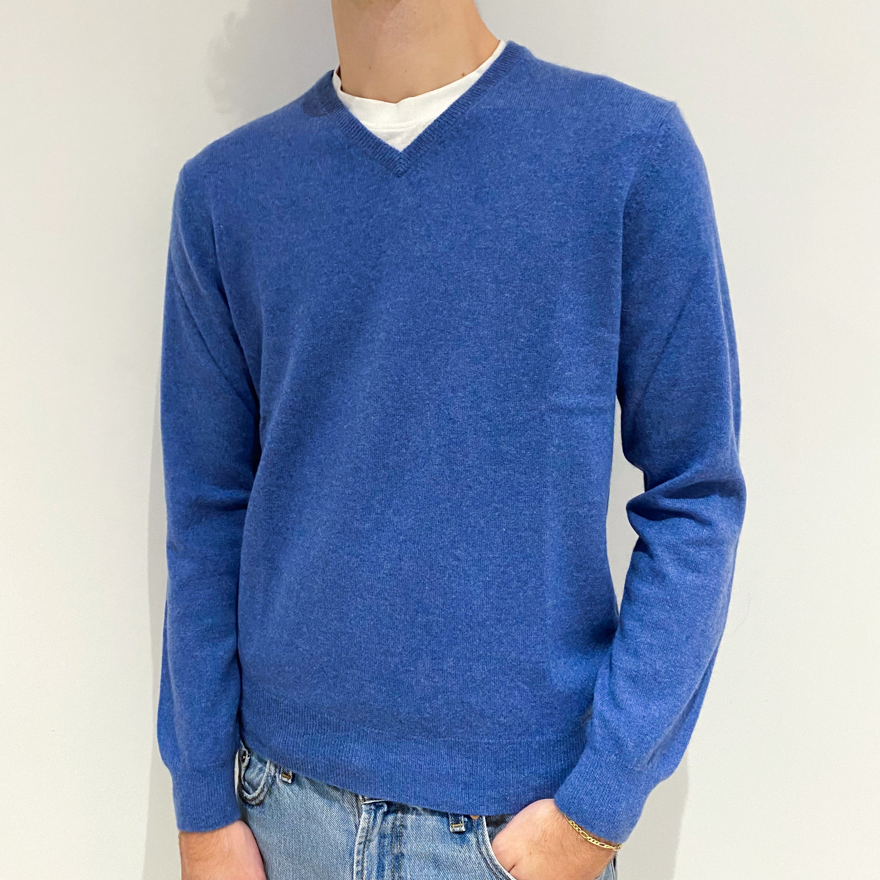 Men's Airforce Blue Cashmere V-Neck Jumper Large