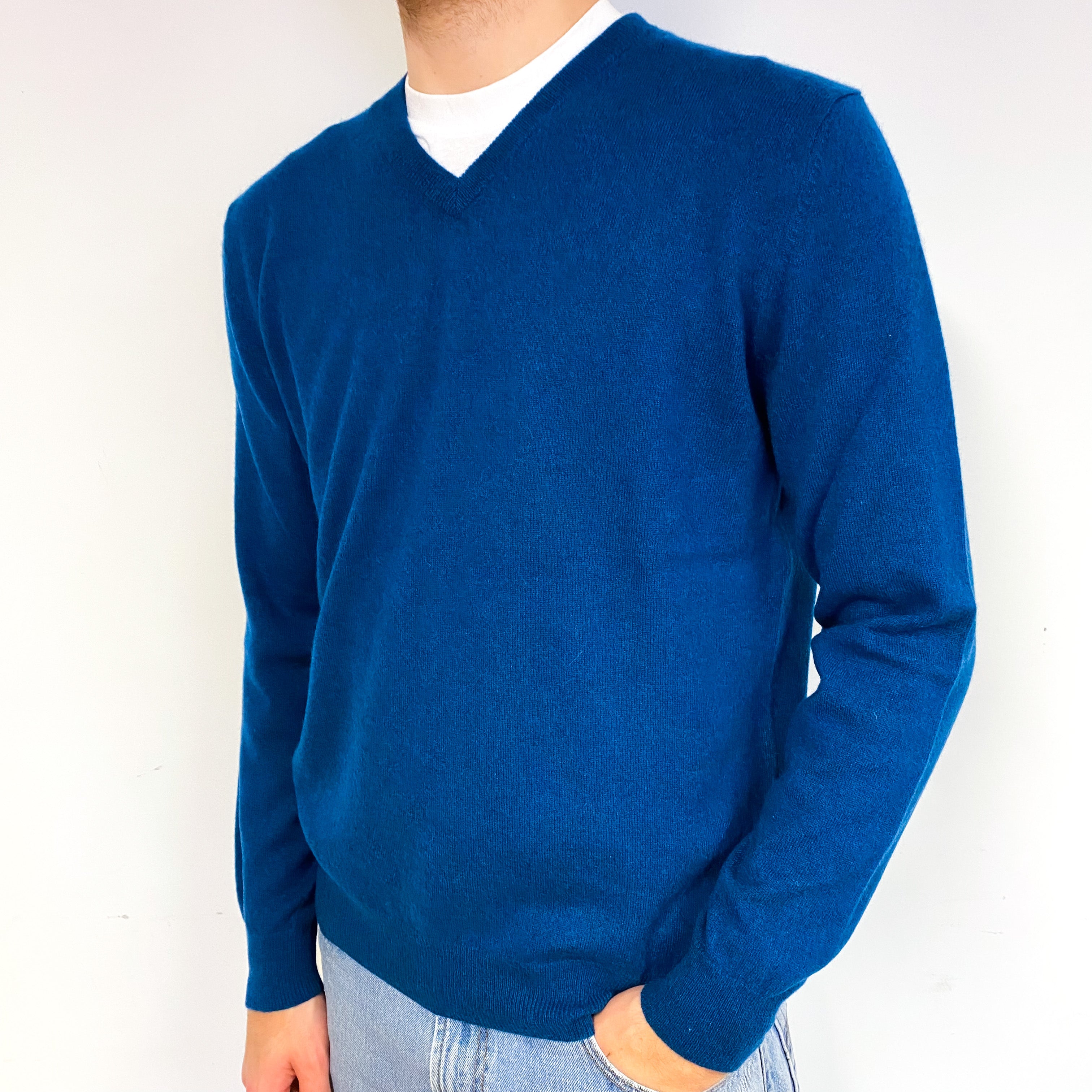 Men's Petrol Blue Cashmere V-Neck Jumper Large