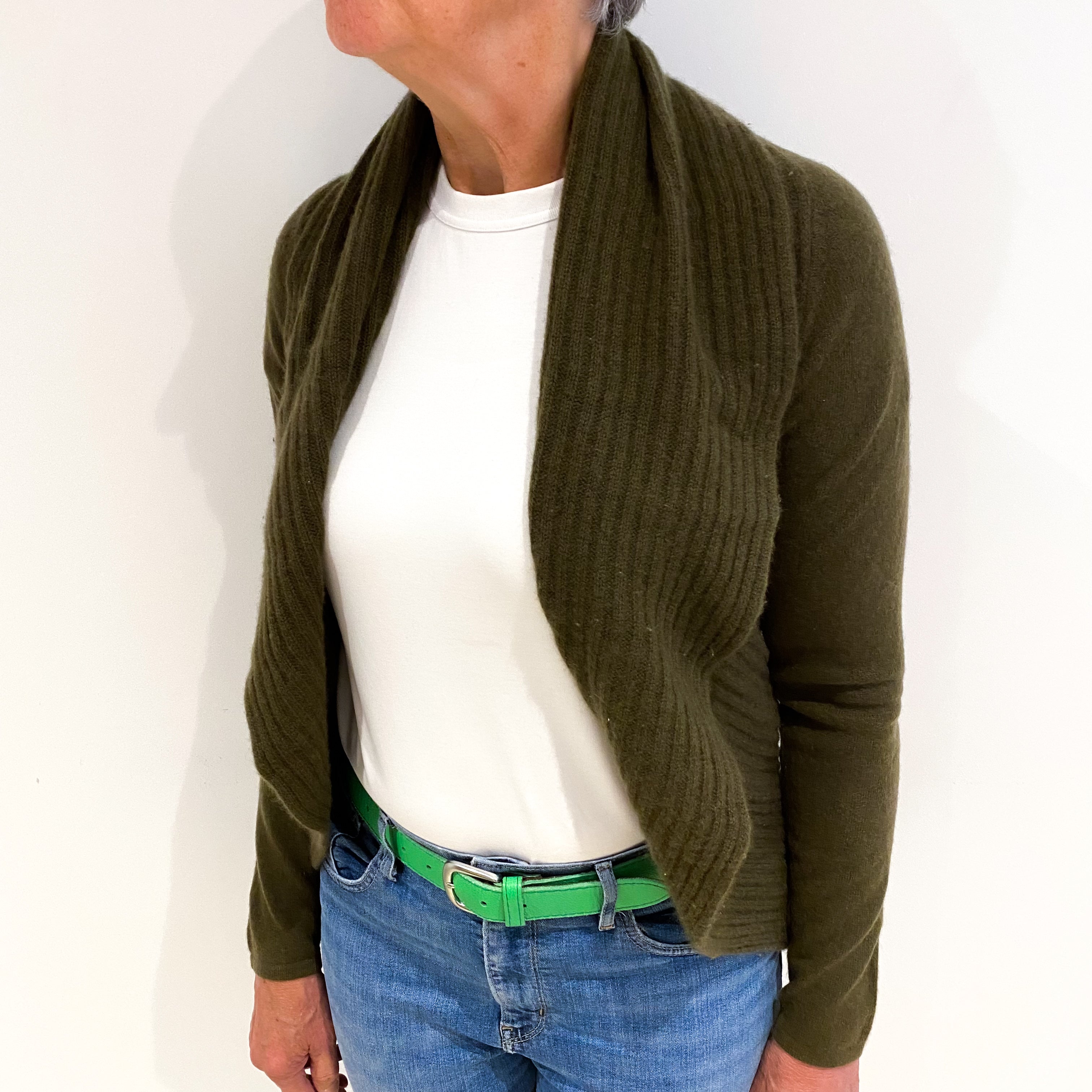 Khaki Green Cashmere Edge To Edge Cardigan Medium