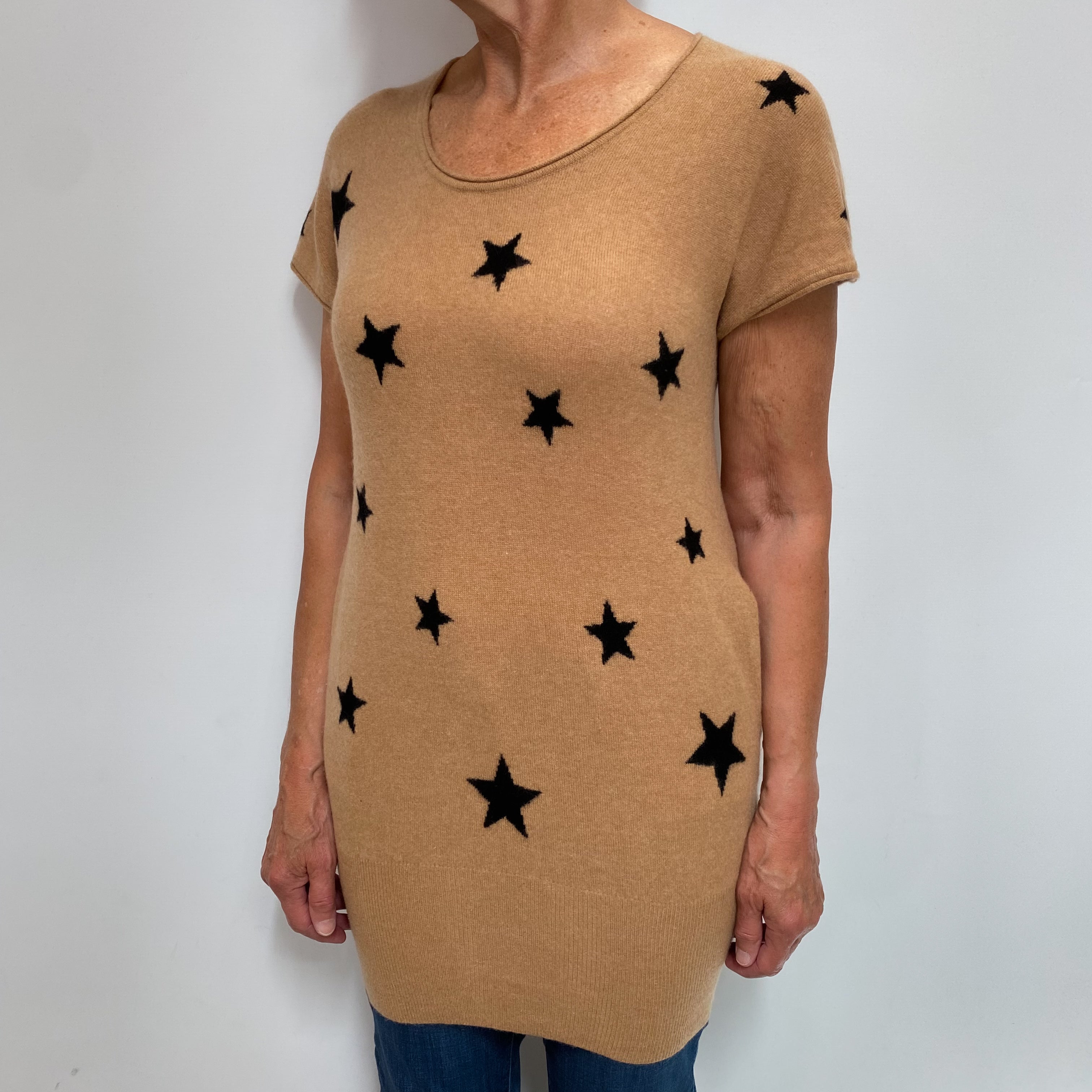 Caramel Black Stars Cashmere Crew Neck Short Sleeved Jumper Medium