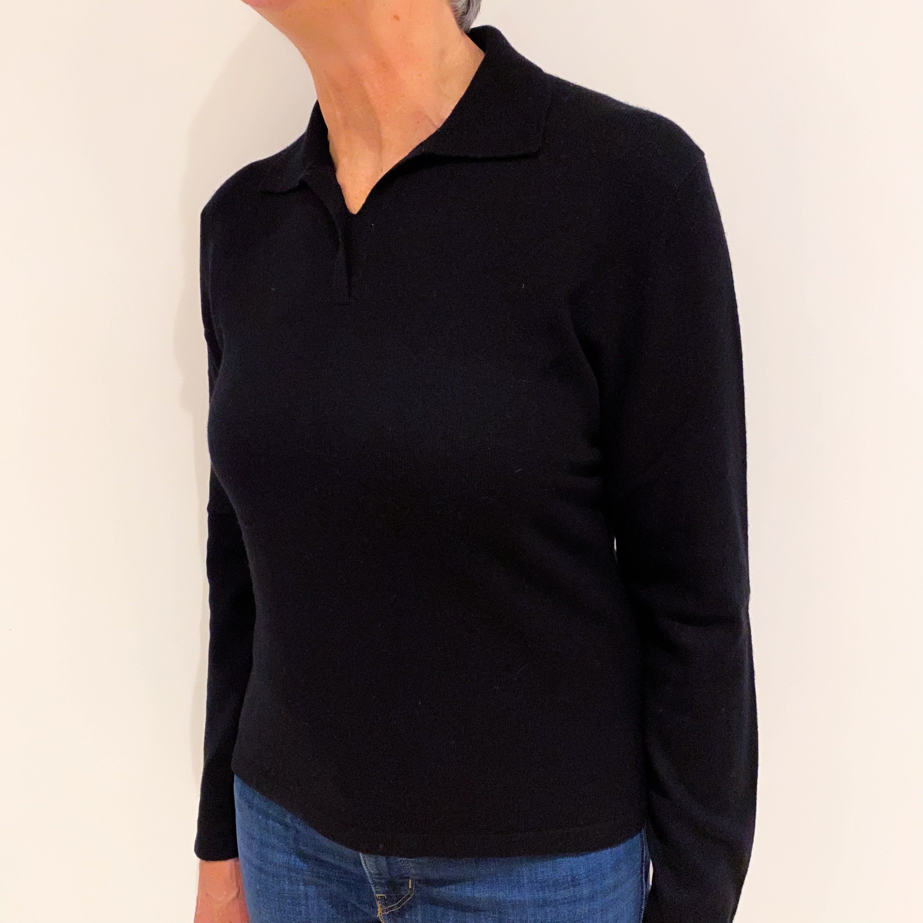 Black Collared Cashmere V Neck Jumper Medium