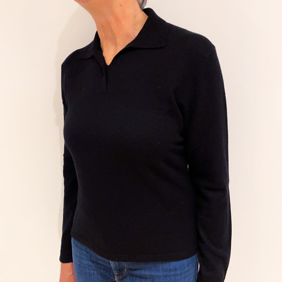 Black Collared Cashmere V Neck Jumper Medium