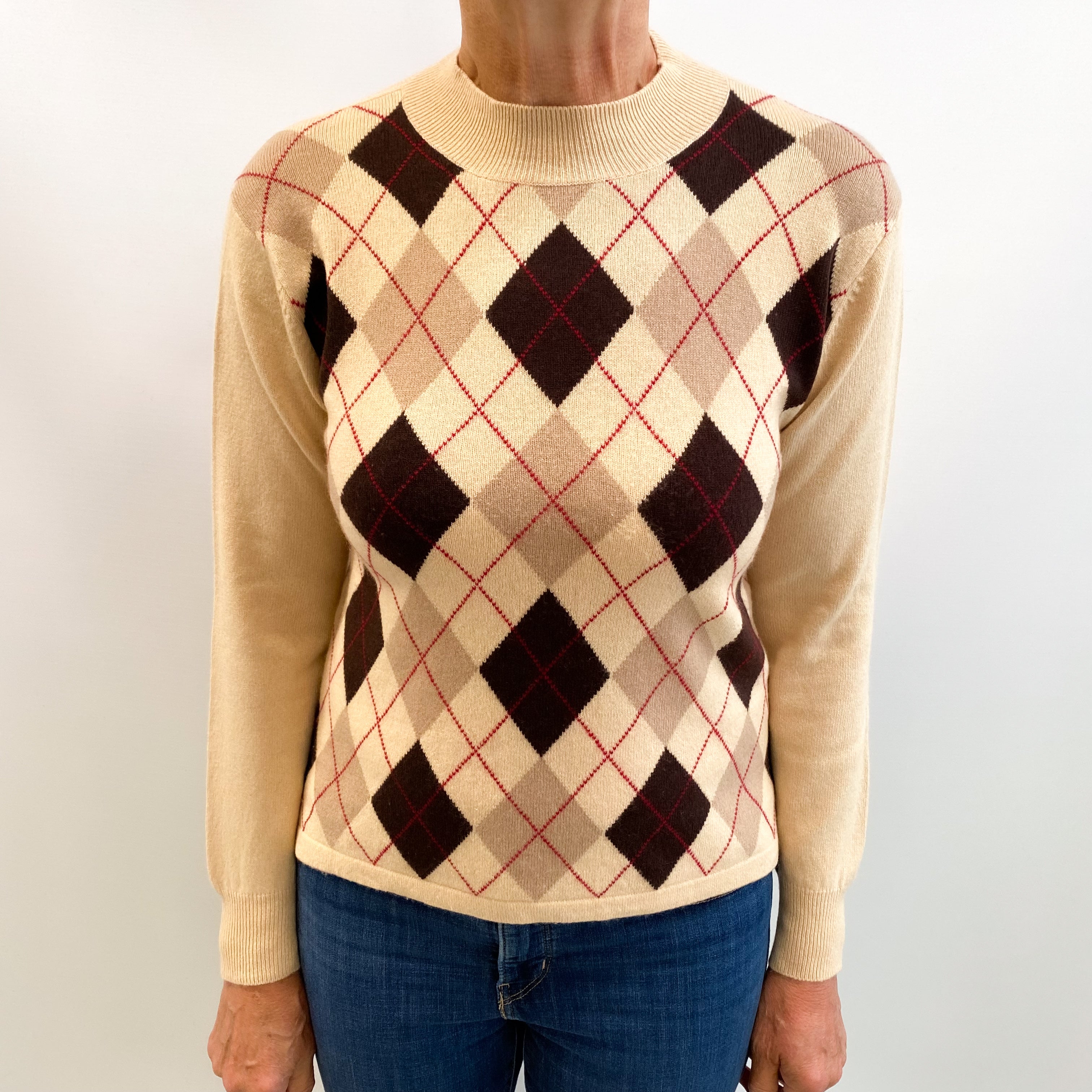 Beige Argyle Cashmere Turtle Neck Jumper Medium