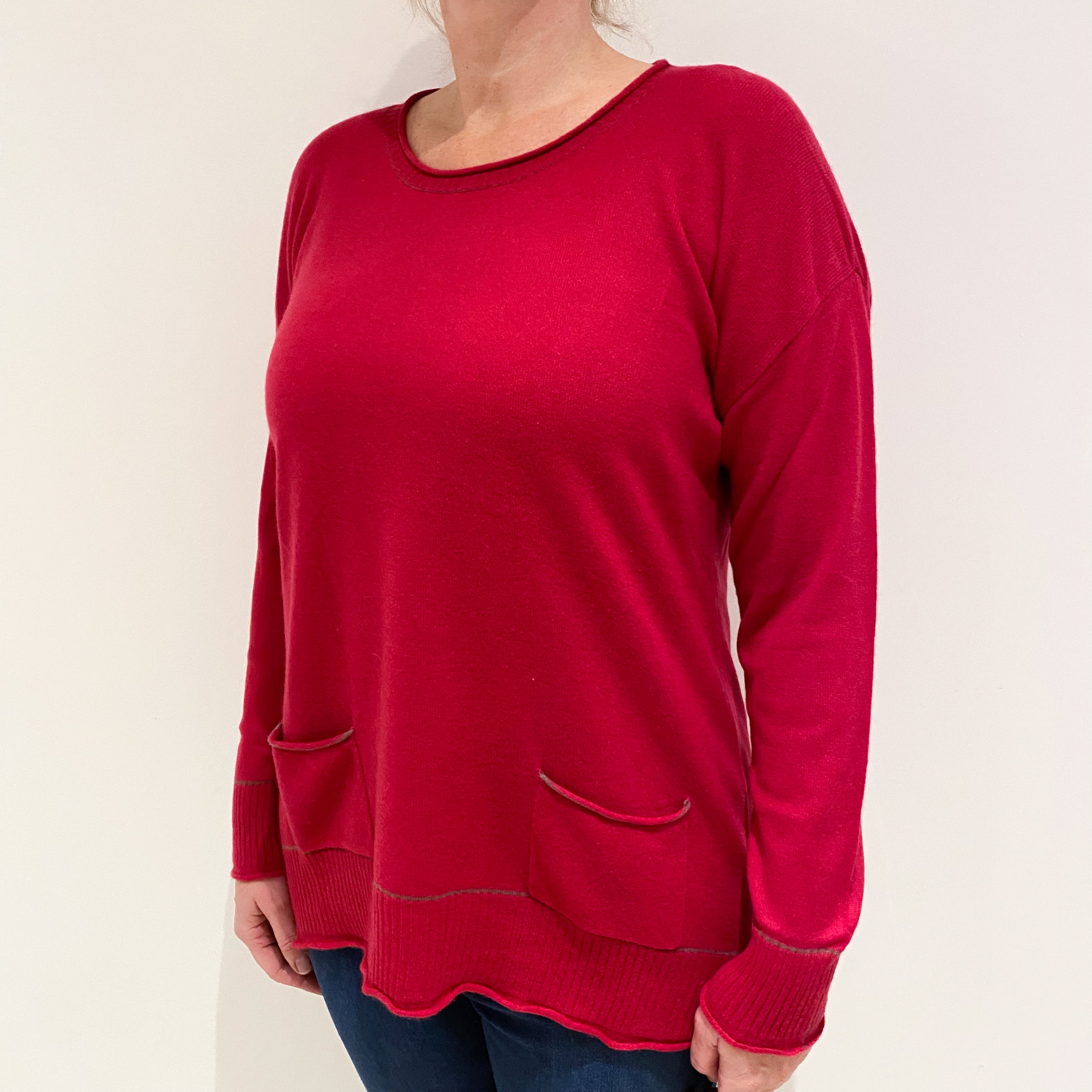 Cherry Pink Cashmere Crew Neck Jumper with Pockets Large
