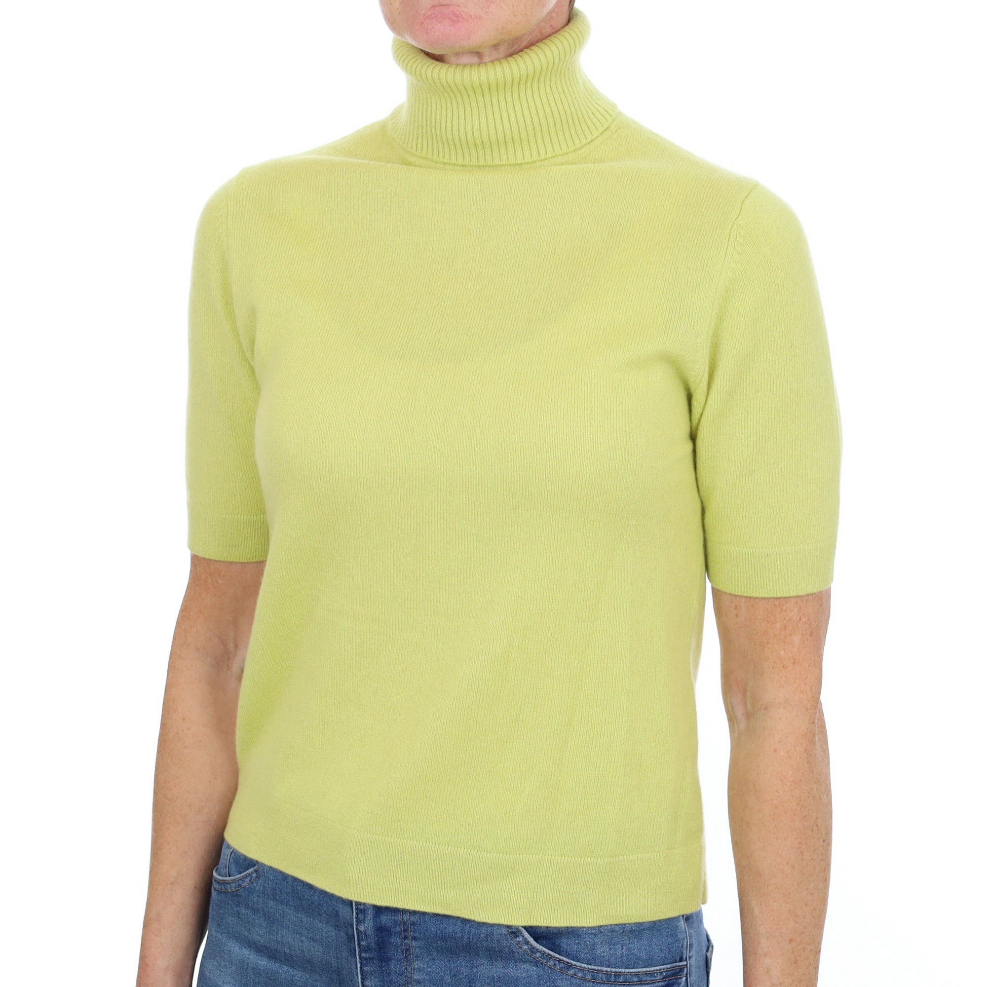 Key Lime Green Cashmere Polo Neck Short Sleeved Jumper Small
