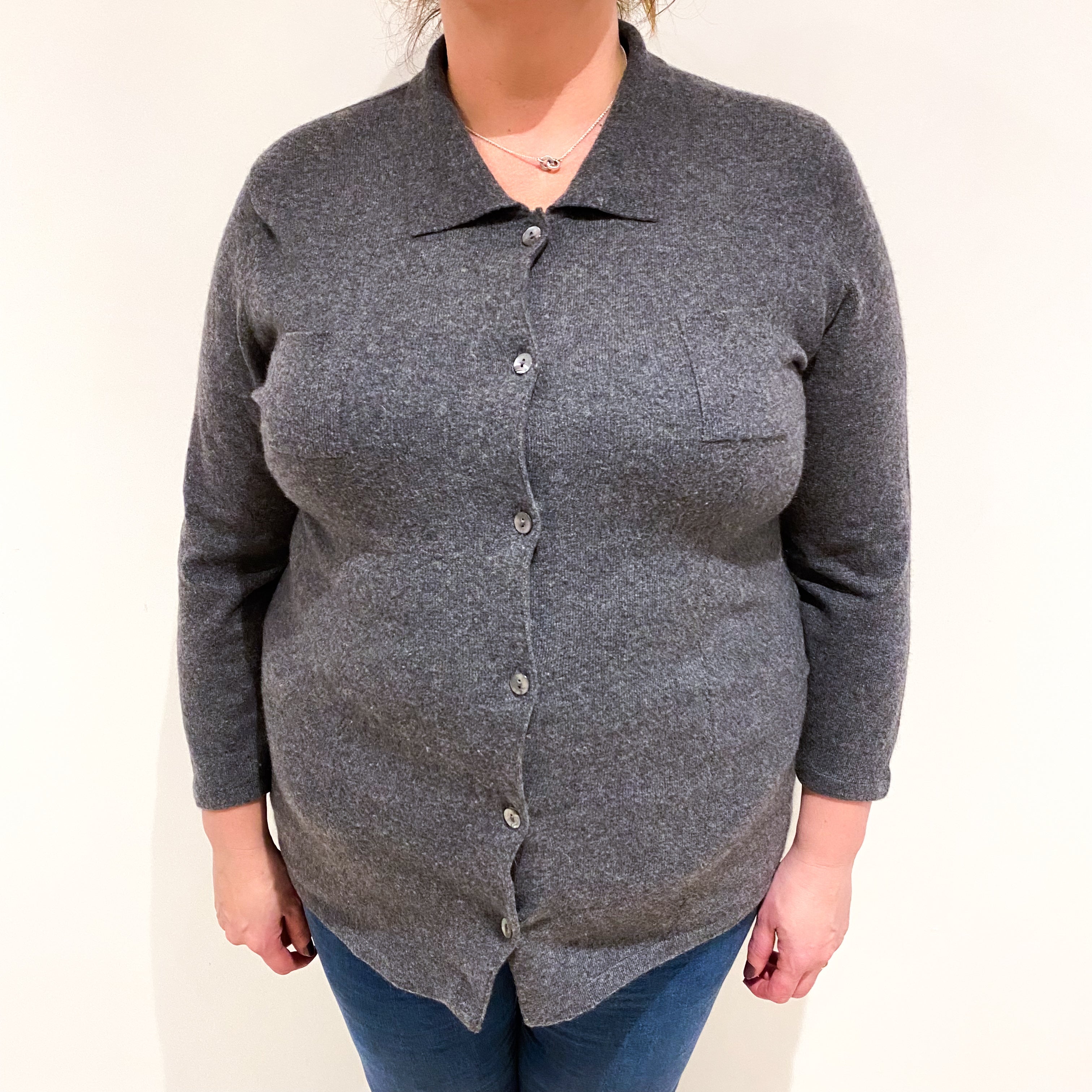 Slate Grey Cashmere Shirt Style Cardigan with Pockets Extra Large