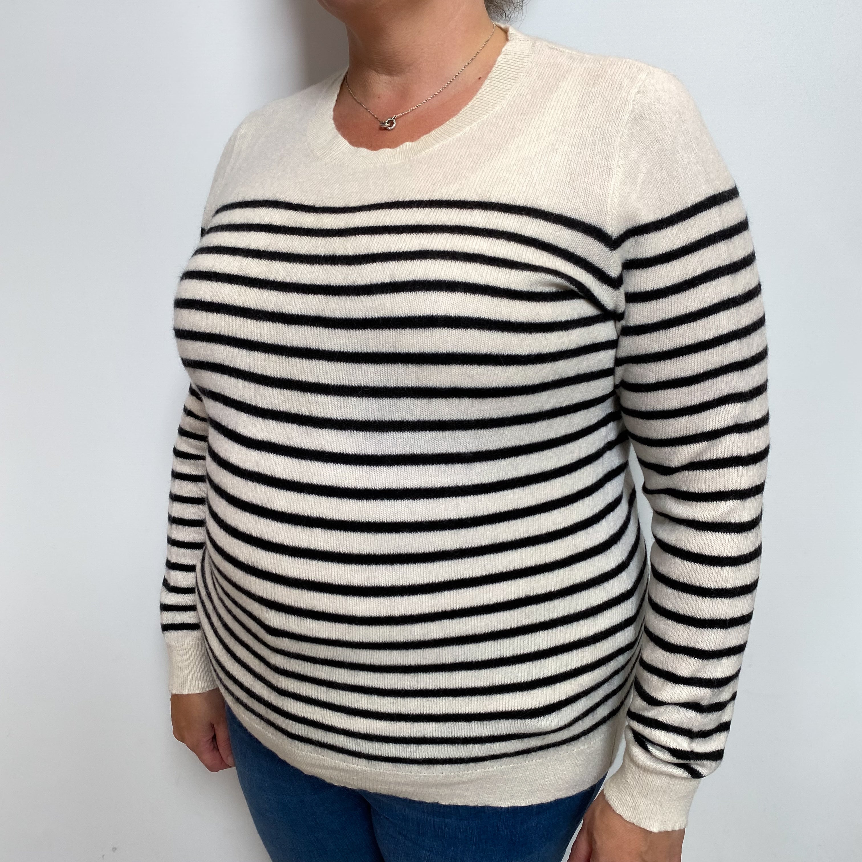 Black Cream Stripe Cashmere Crew Neck Jumper Extra Large