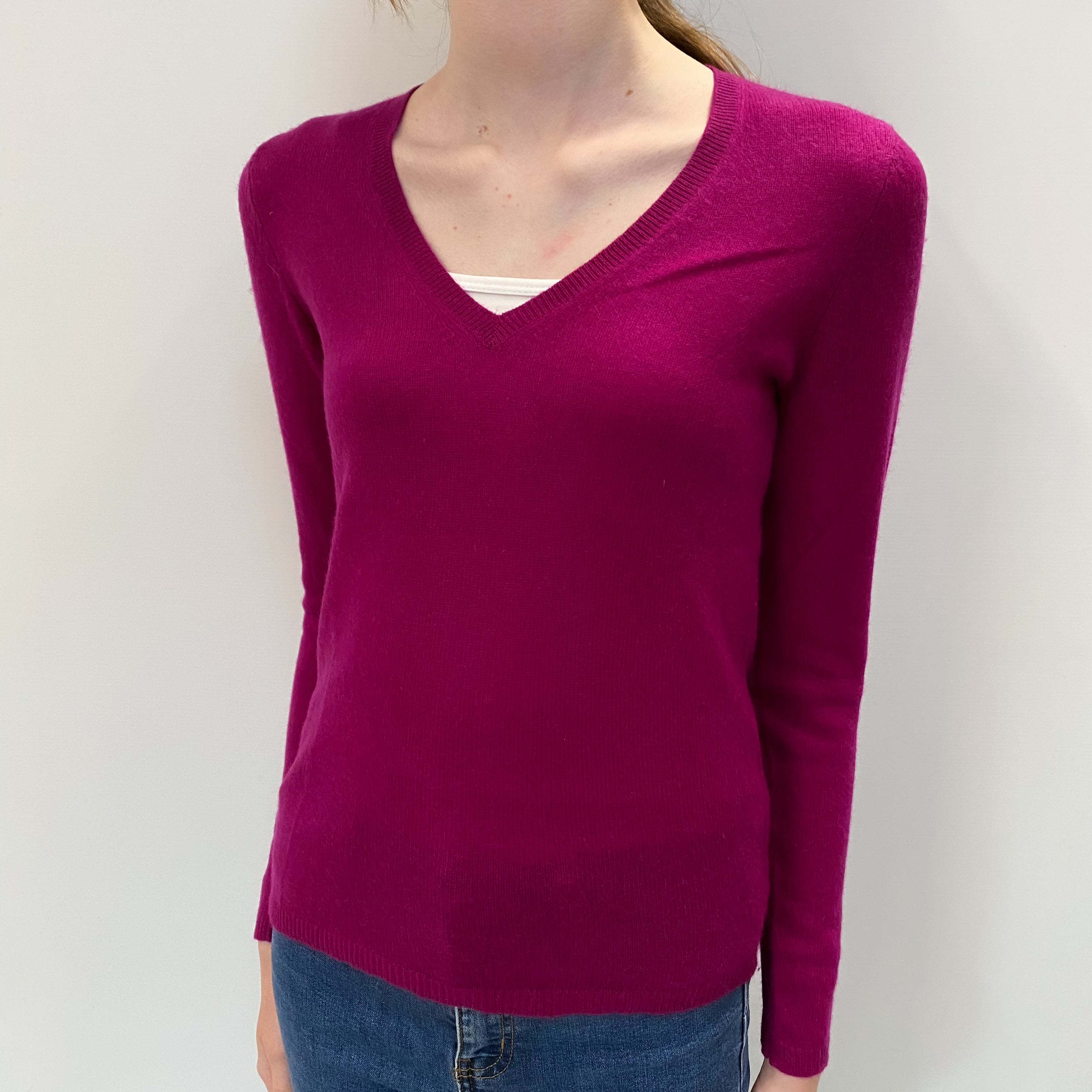 Deep Magenta Pink Cashmere V Neck Jumper Extra Small