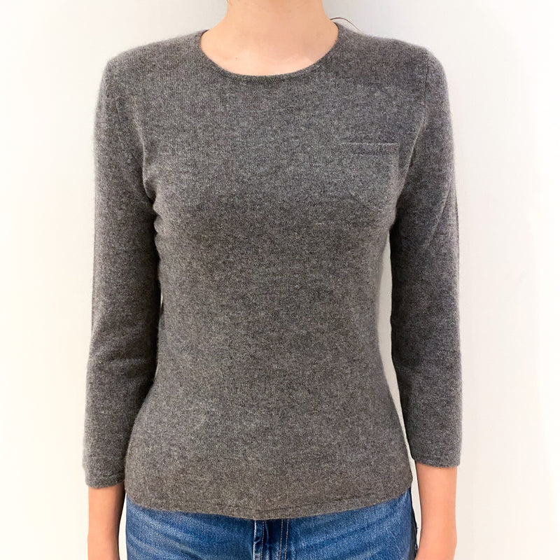 Smoke Grey Cashmere Crew Neck Jumper with Chest Pocket Extra Small