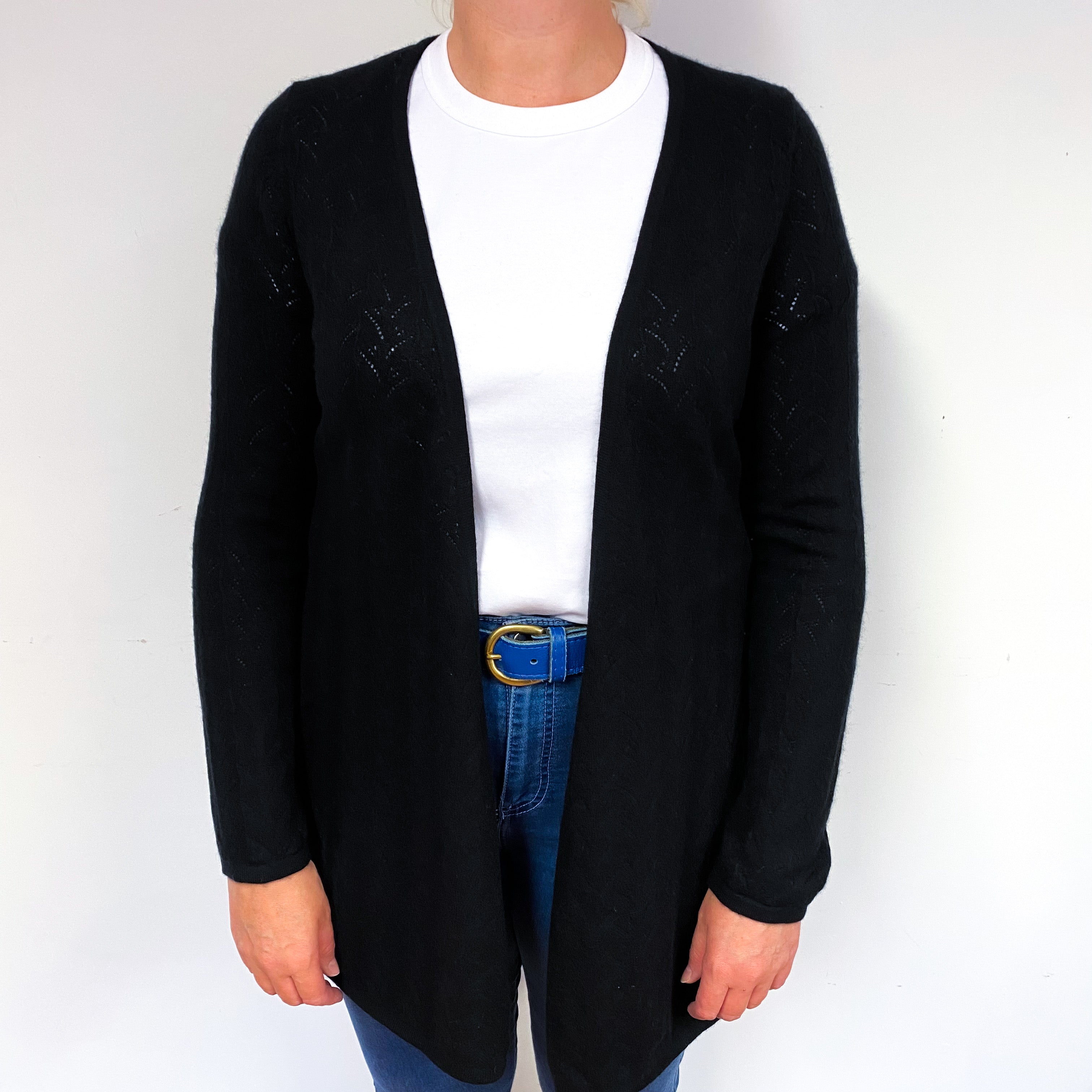 Black Lace Knit Cashmere Edge to Edge Cardigan Large