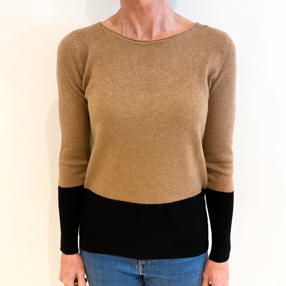 Club Monaco Camel Brown And Black Cashmere Slash Neck Jumper Small