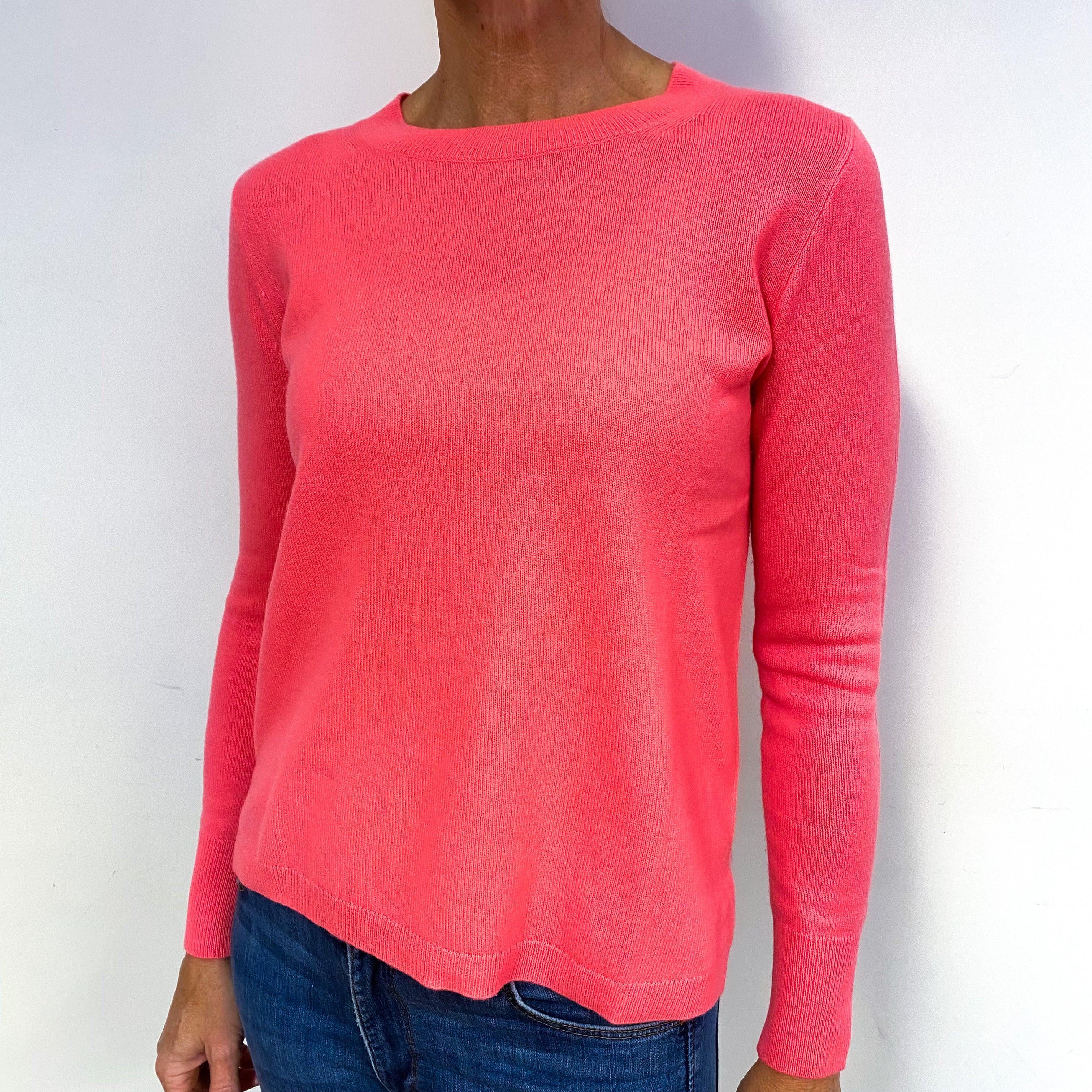 Neon Coral Pink Cashmere Crew Neck Jumper Medium