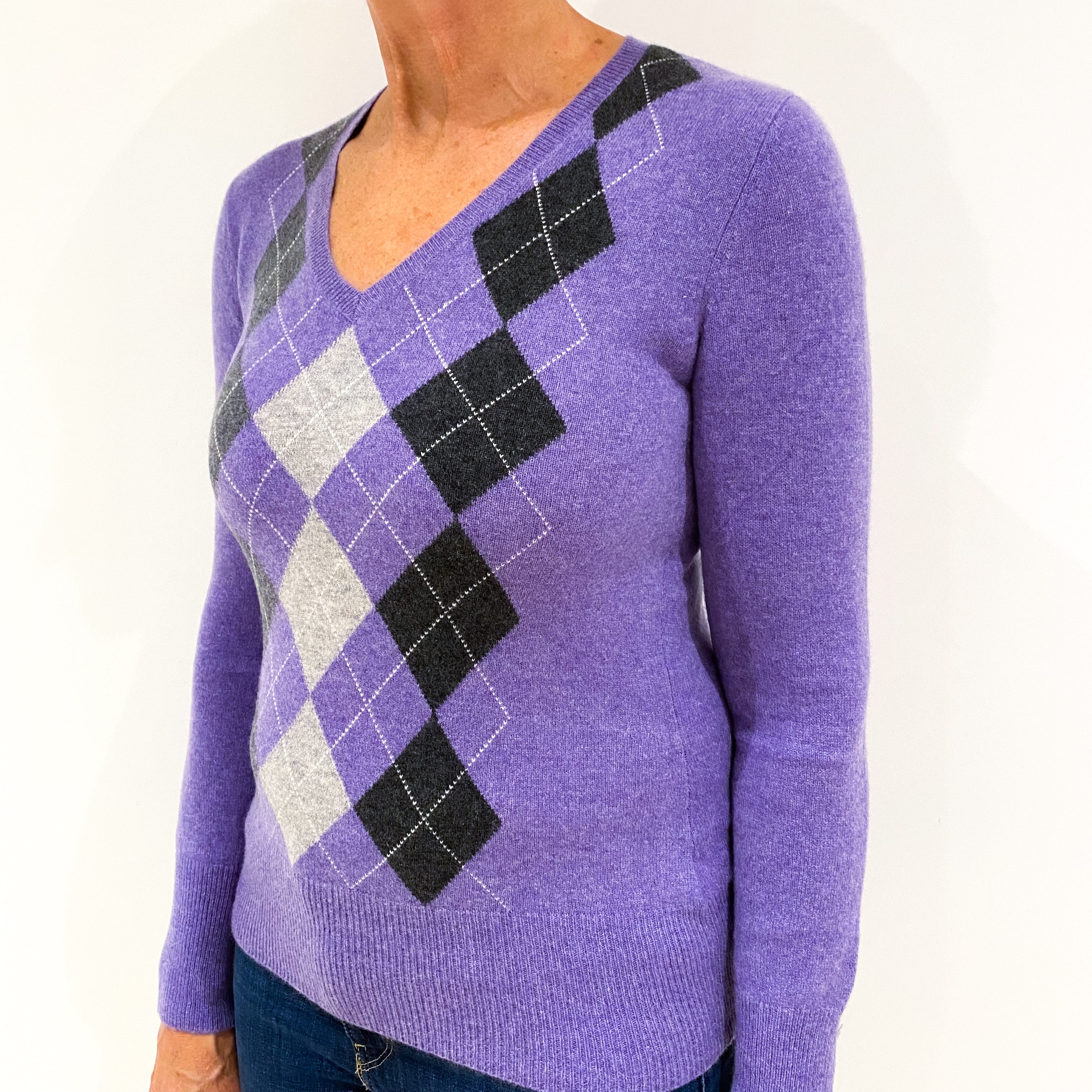 Amethyst Purple Argyle Cashmere V Neck Jumper Medium