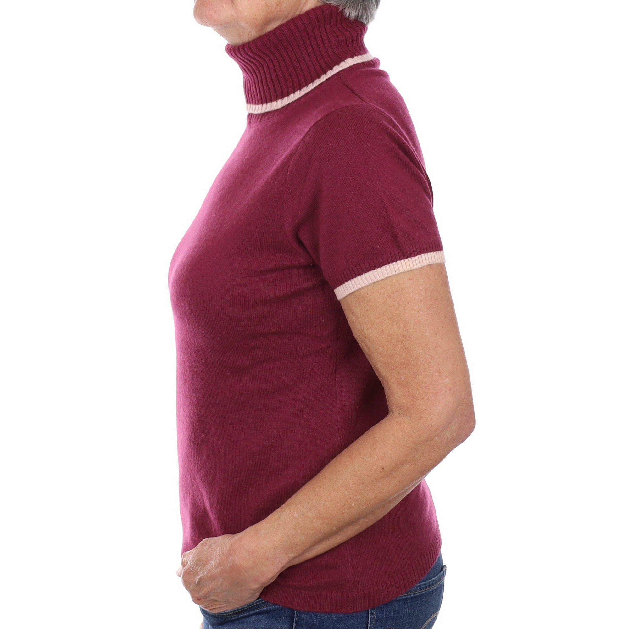 Plum Purple Cashmere Short Sleeve Polo Neck Jumper Medium