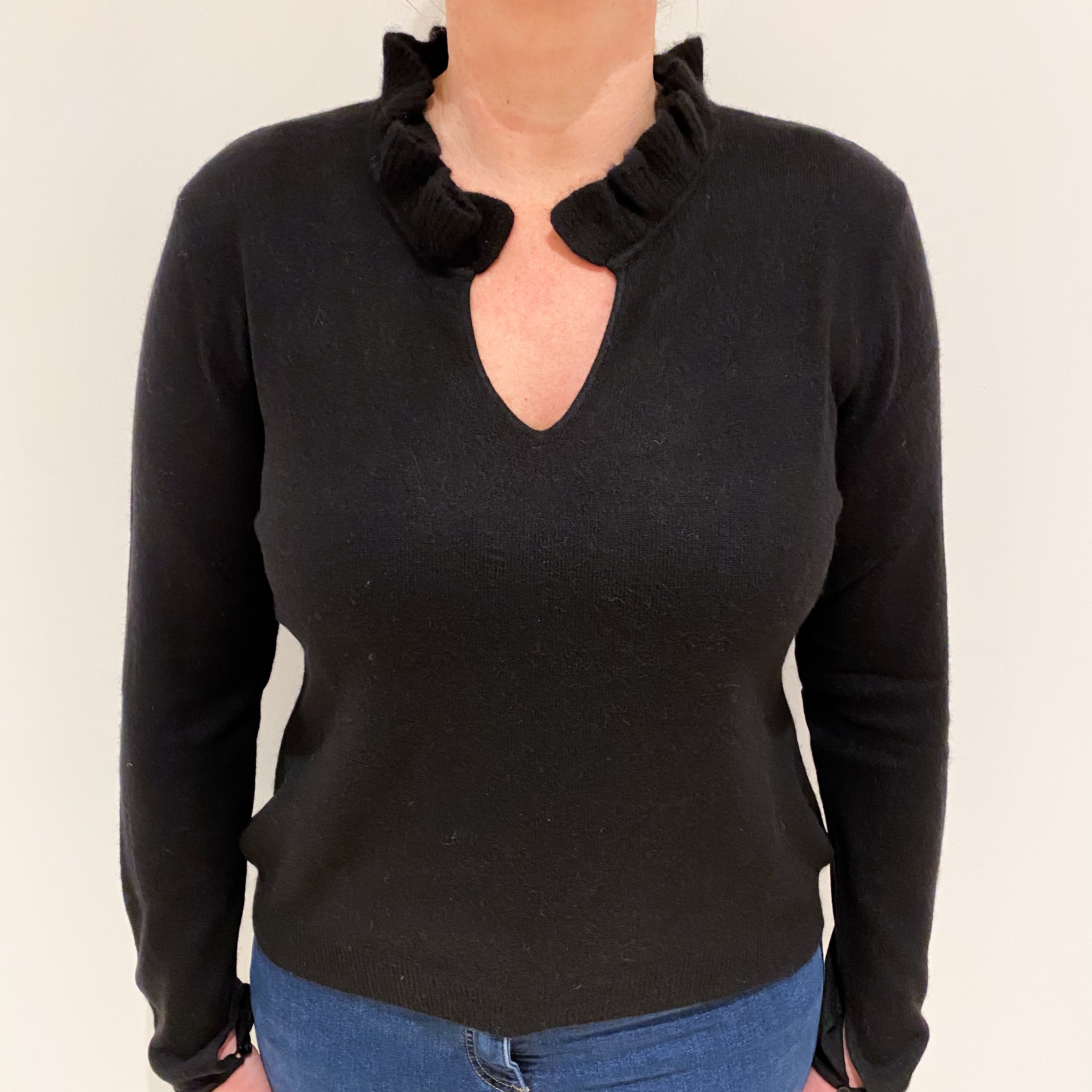 Black Cashmere Ruffle V-Neck Jumper Large