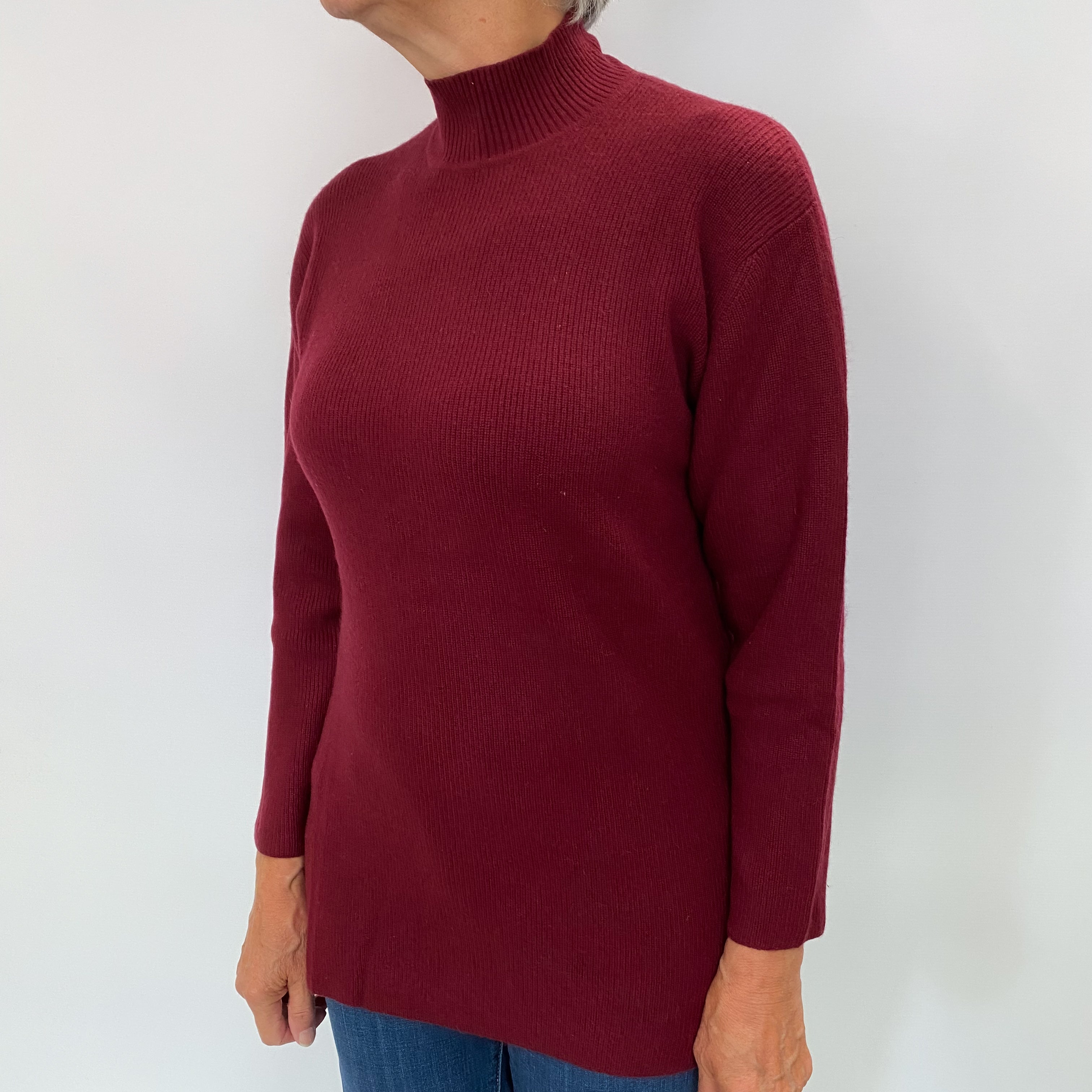Maroon Red Rib Cashmere Turtle Neck Jumper Medium