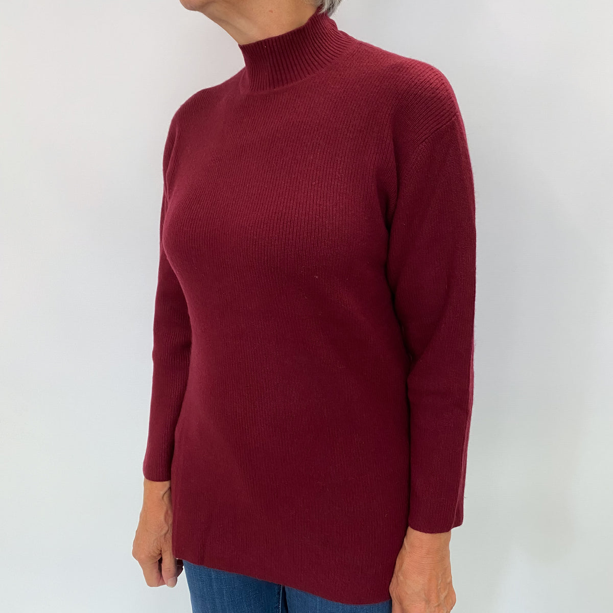 Maroon Red Rib Cashmere Turtle Neck Jumper Medium