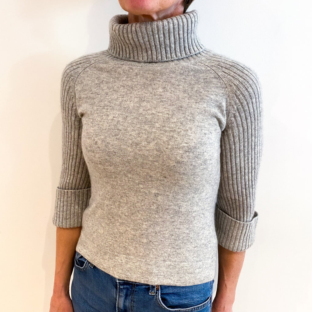 Smoke Grey Cashmere Chunky Knit Polo Neck Jumper Small