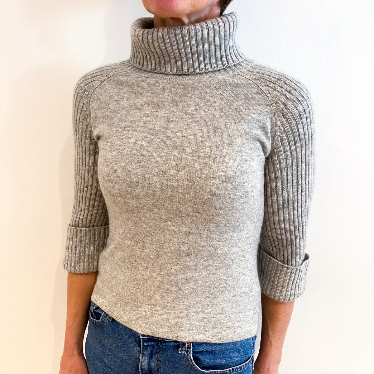 Smoke Grey Cashmere Chunky Knit Polo Neck Jumper Small