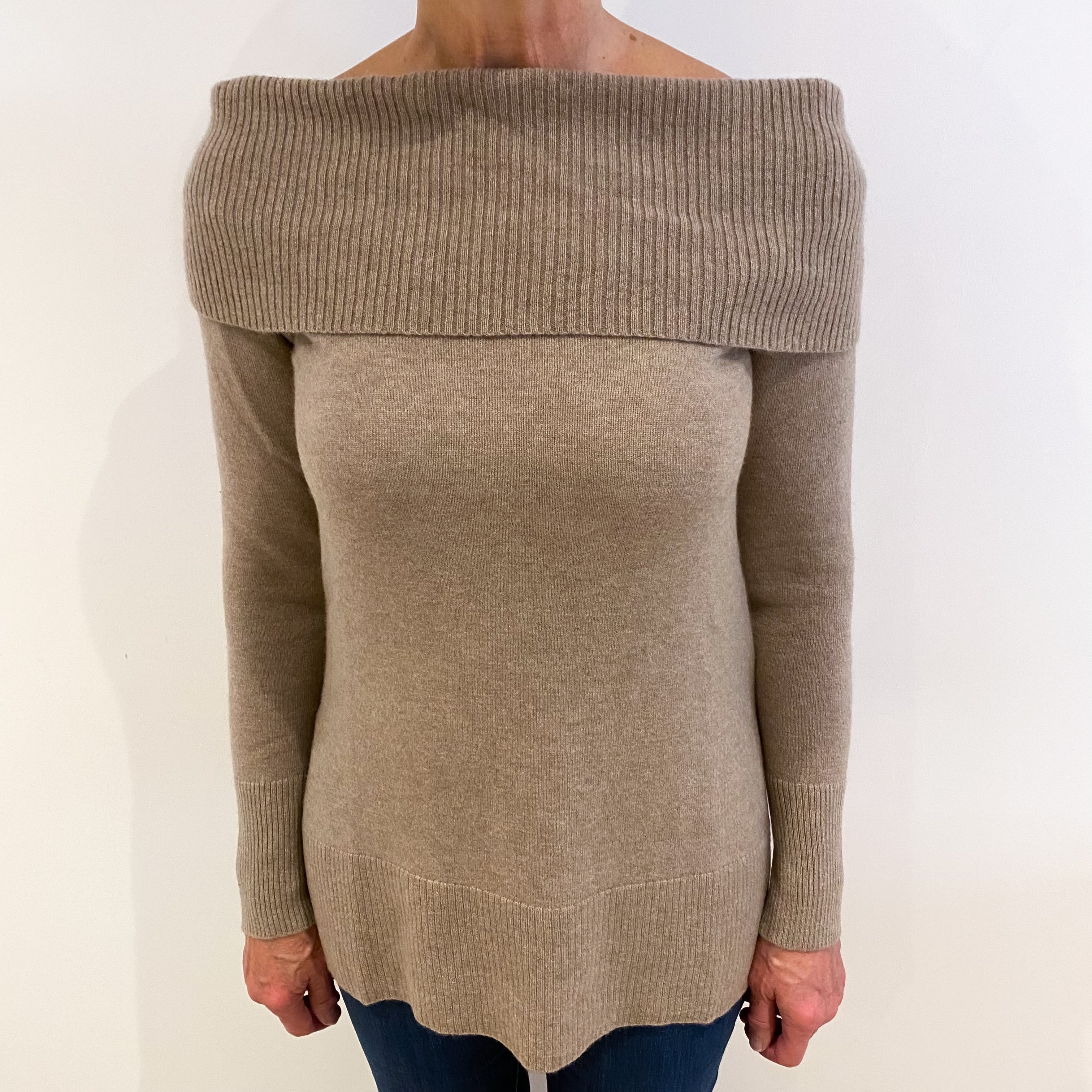Taupe Brown Cashmere Off Shoulder Jumper Medium