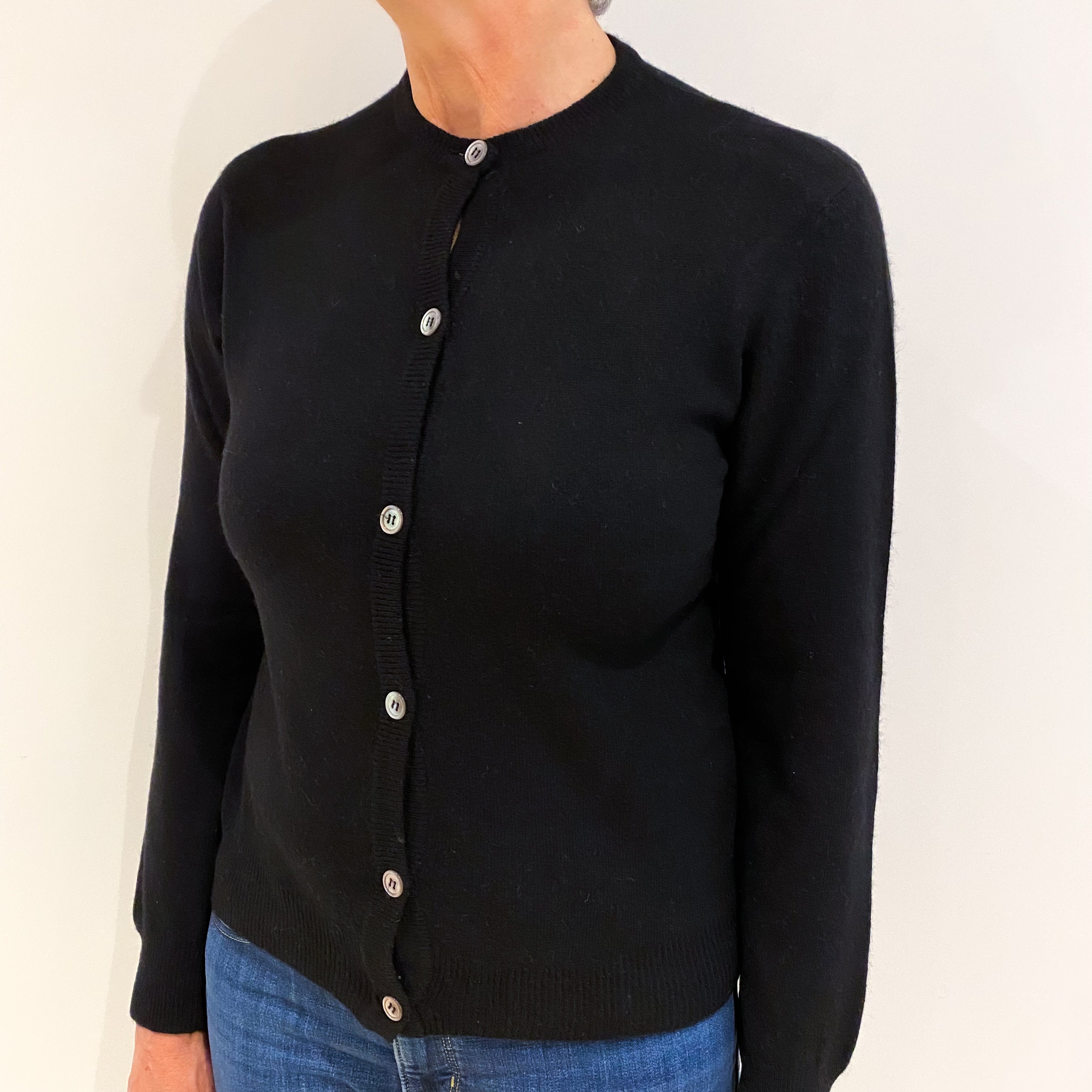 Black Cashmere Crew Neck Cardigan Medium