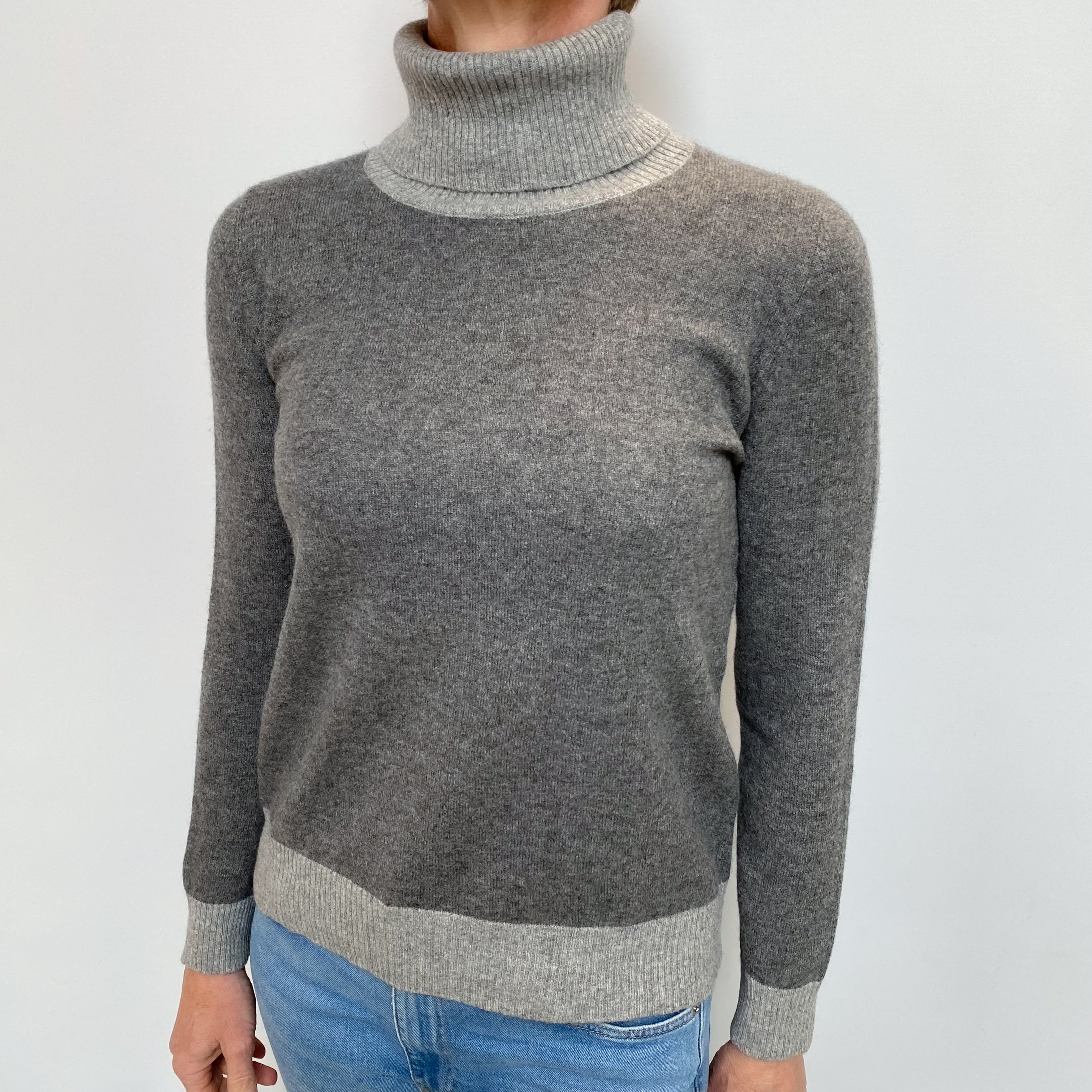 Slate and Smoke Grey Cashmere Polo Neck Jumper Small