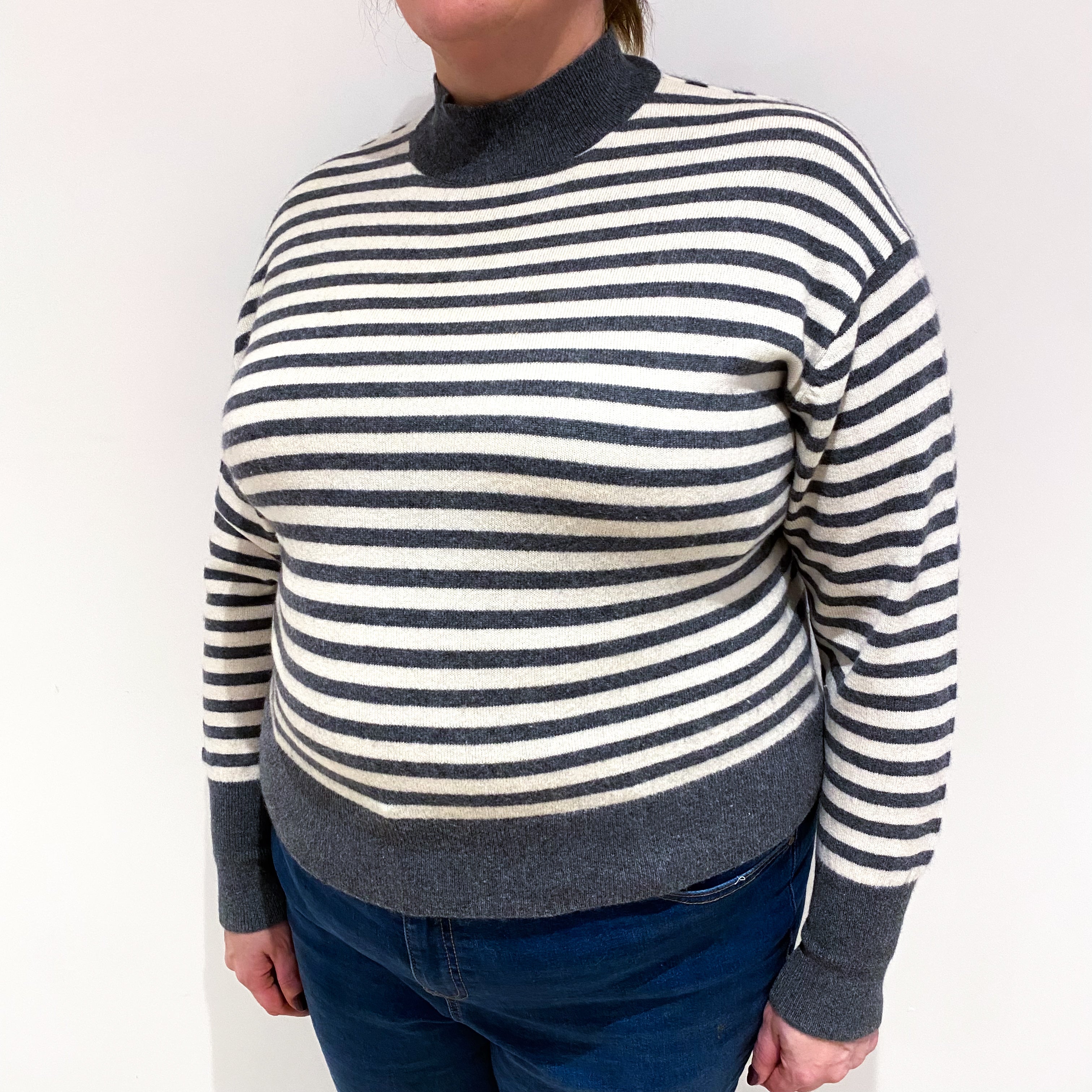 Grey and Cream Stripe Cashmere Turtle Neck Jumper Extra Large
