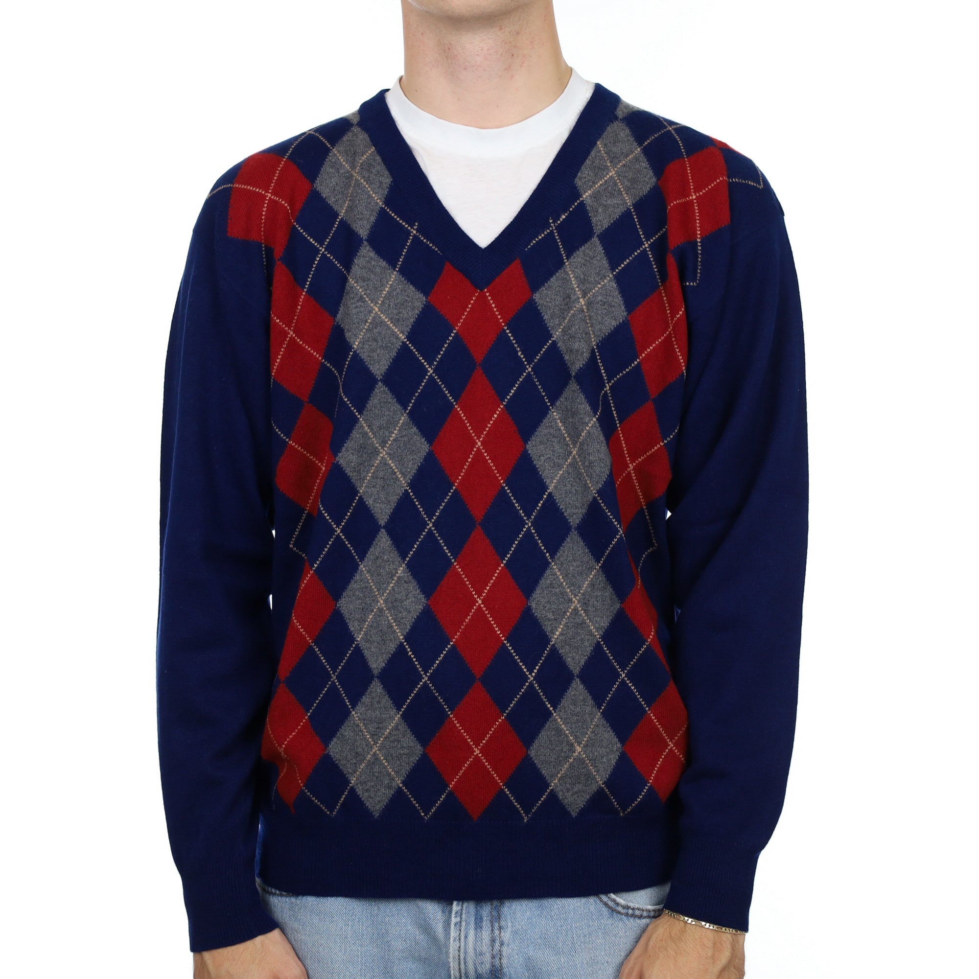 Men's Scottish Midnight Navy Argyle Cashmere V Neck Jumper Large